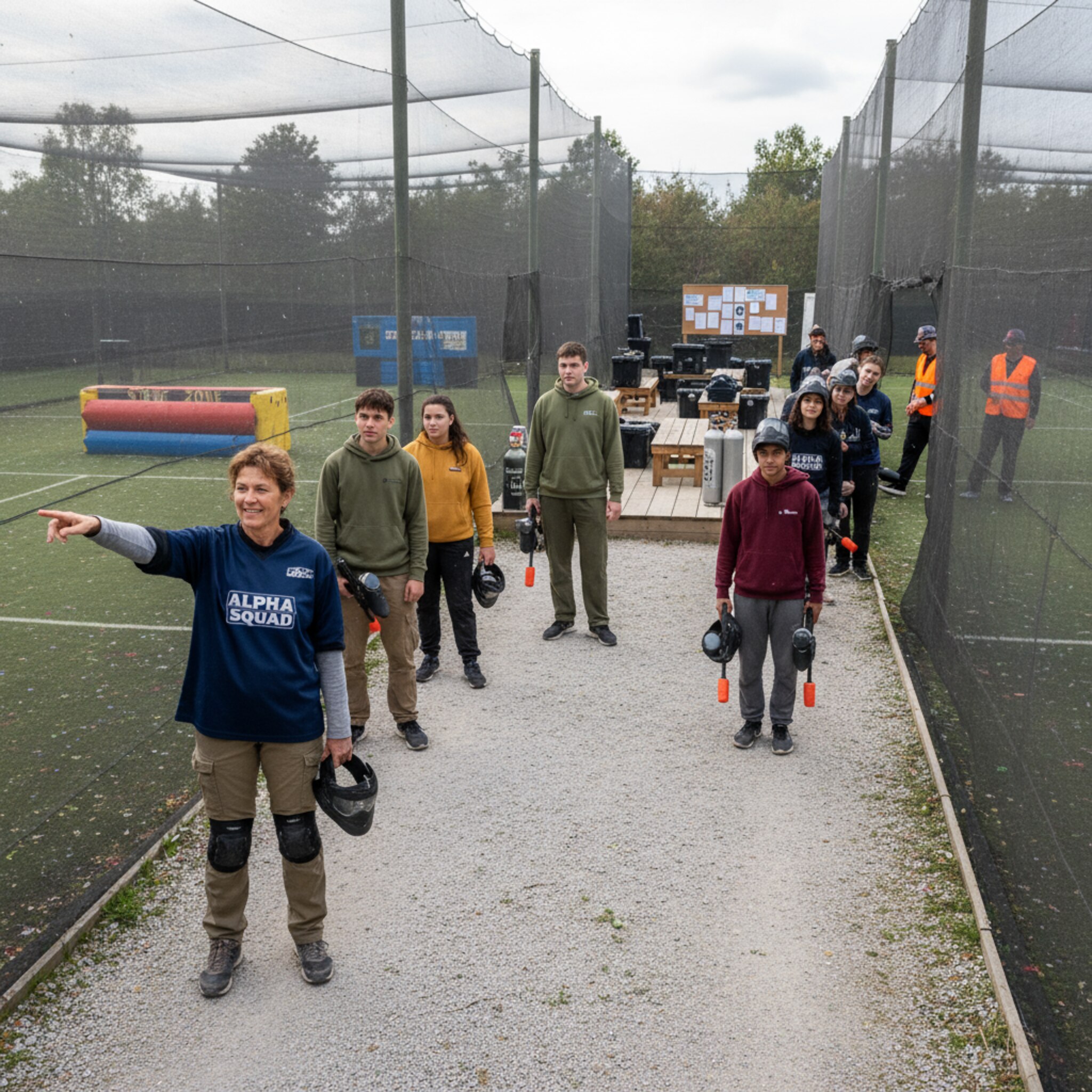 Auf einem schmalen Weg zwischen zwei Feldern zeigt ein Teamleiter mit ausgestrecktem Arm auf die Startzone, während eine Gruppe respektvollen Abstand hält. Nebenan leert sich das Spielfeld, frische Spieler warten bereit. Der Übergang wirkt geordnet, Umrüstzeit und Abstände sind spürbar.