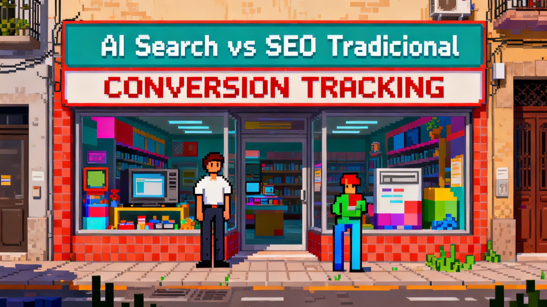 a surreal and vibrant cinematic photo of, Turn this photo into 8-bit retro video game style image. Maintain the exact text "AI Search vs SEO Tradicional"