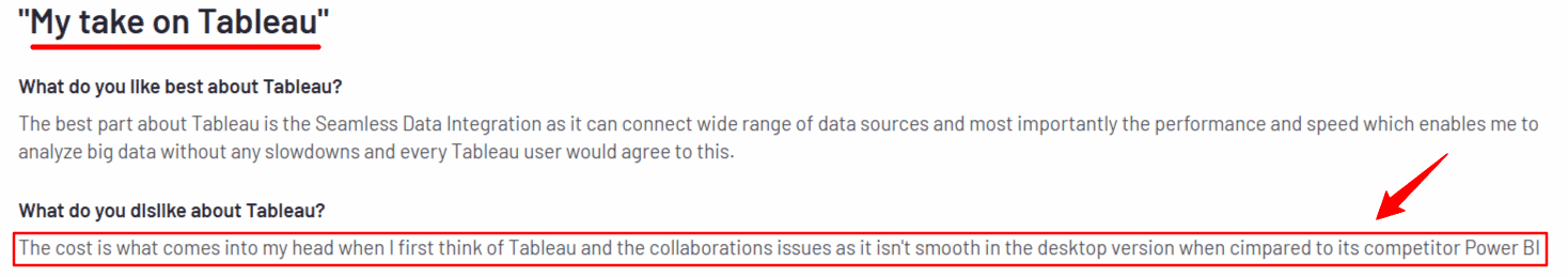 Tableau user review mentioning pricing concerns and collaboration limitations