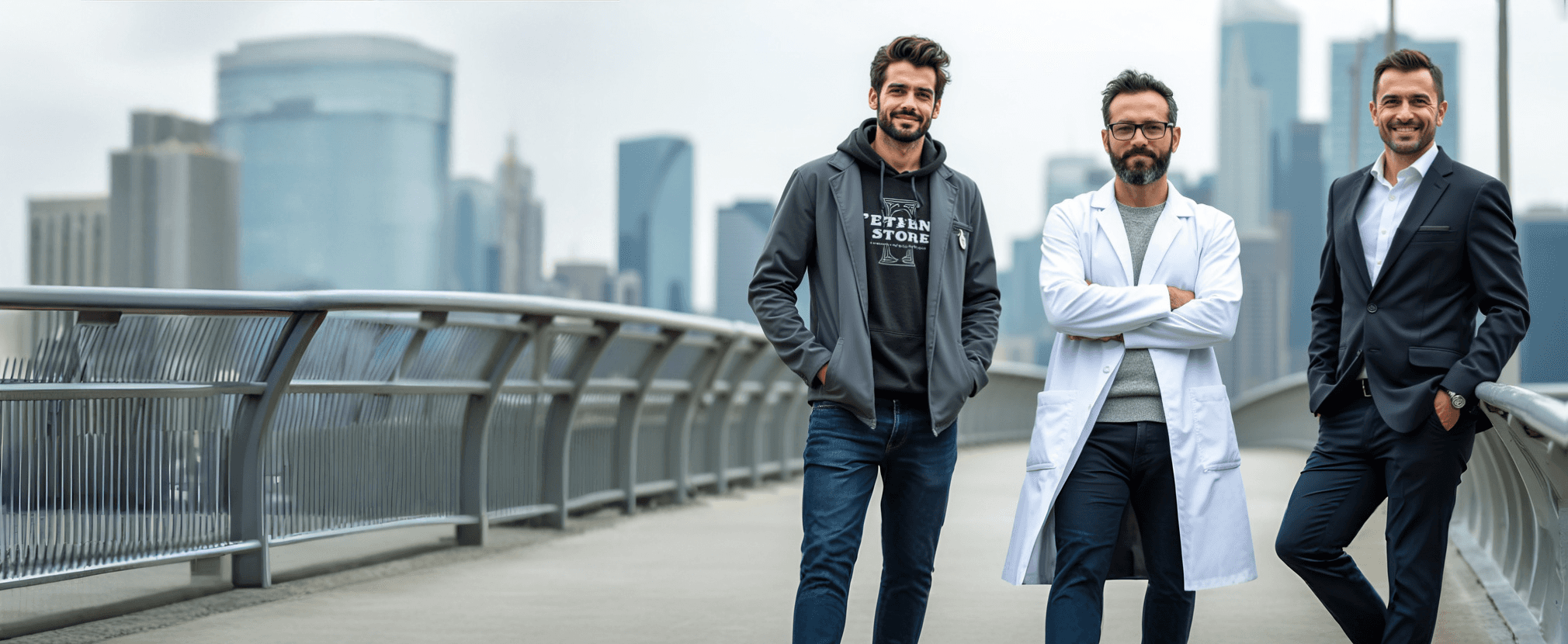 Fundadores de la empresa en un puente con el skyline de la ciudad de fondo