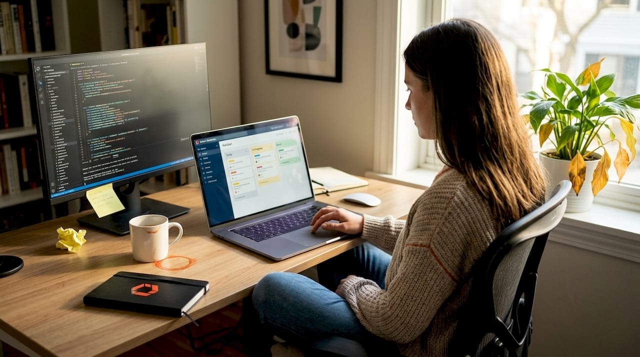 Developer managing tasks in home office during workflow