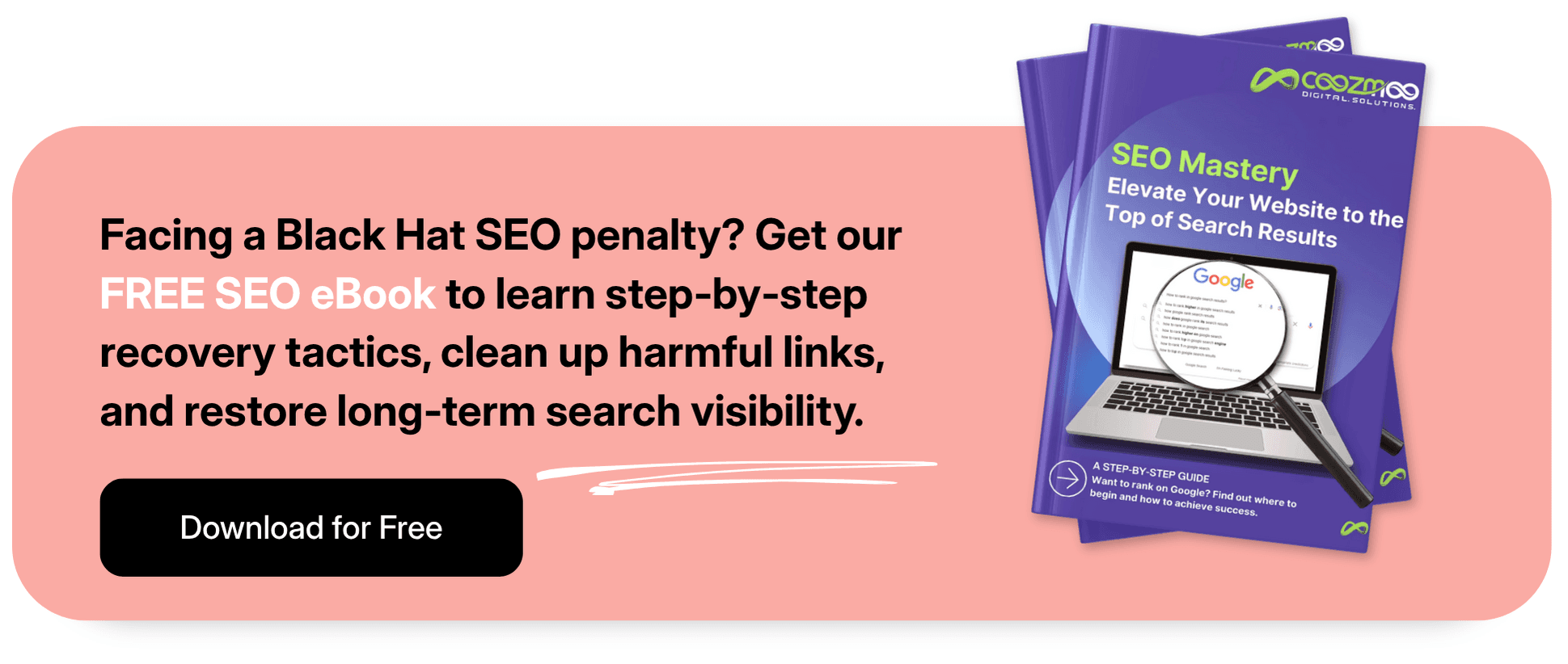 A call-to-action for Coozmoo SEO Mastery ebook