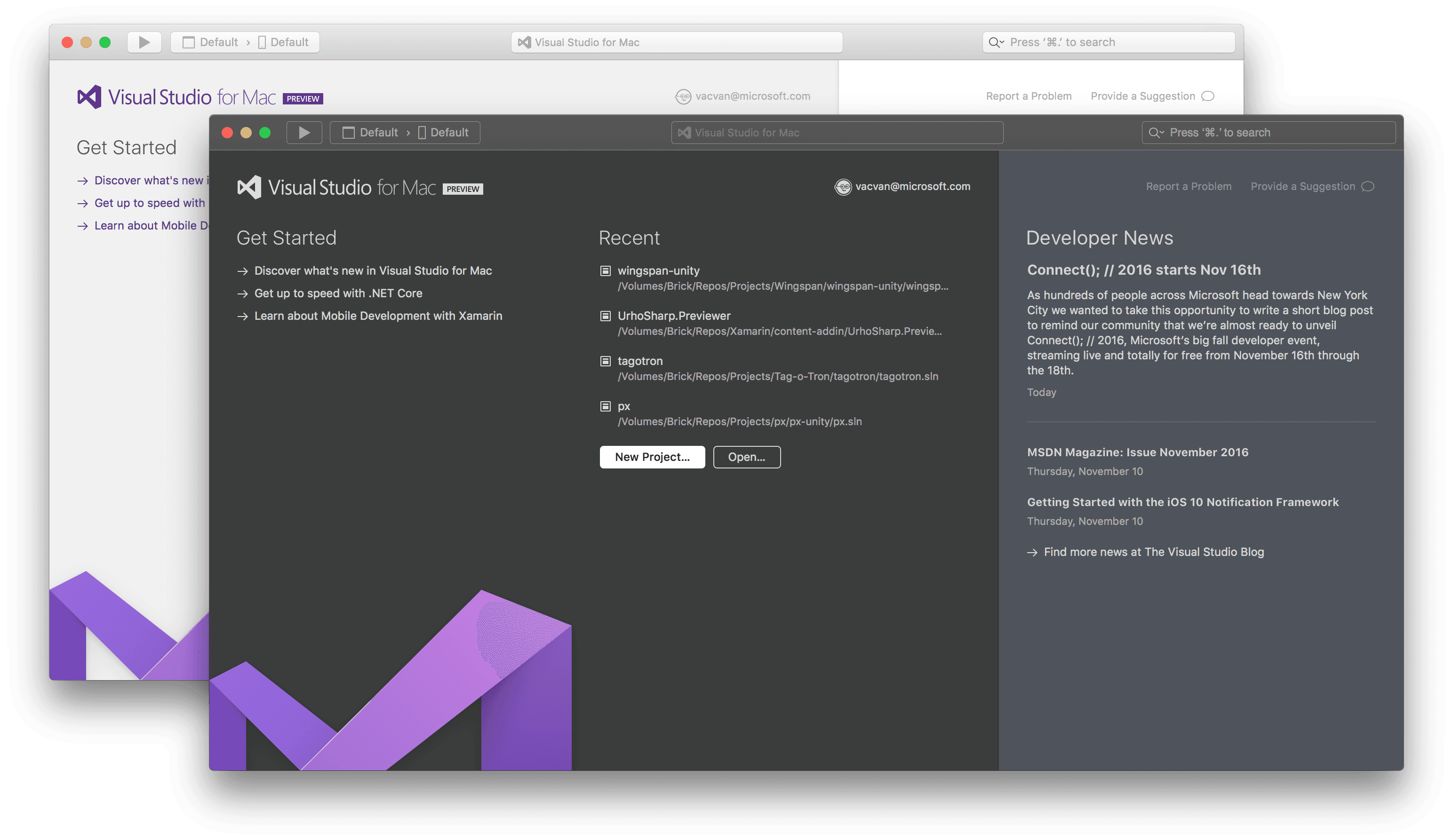 Welcome Screen of Visual Studio for Mac, featuring options to discover new features, learn about .NET Core and Xamarin for mobile development, with a list of recent projects and a section for developer news.