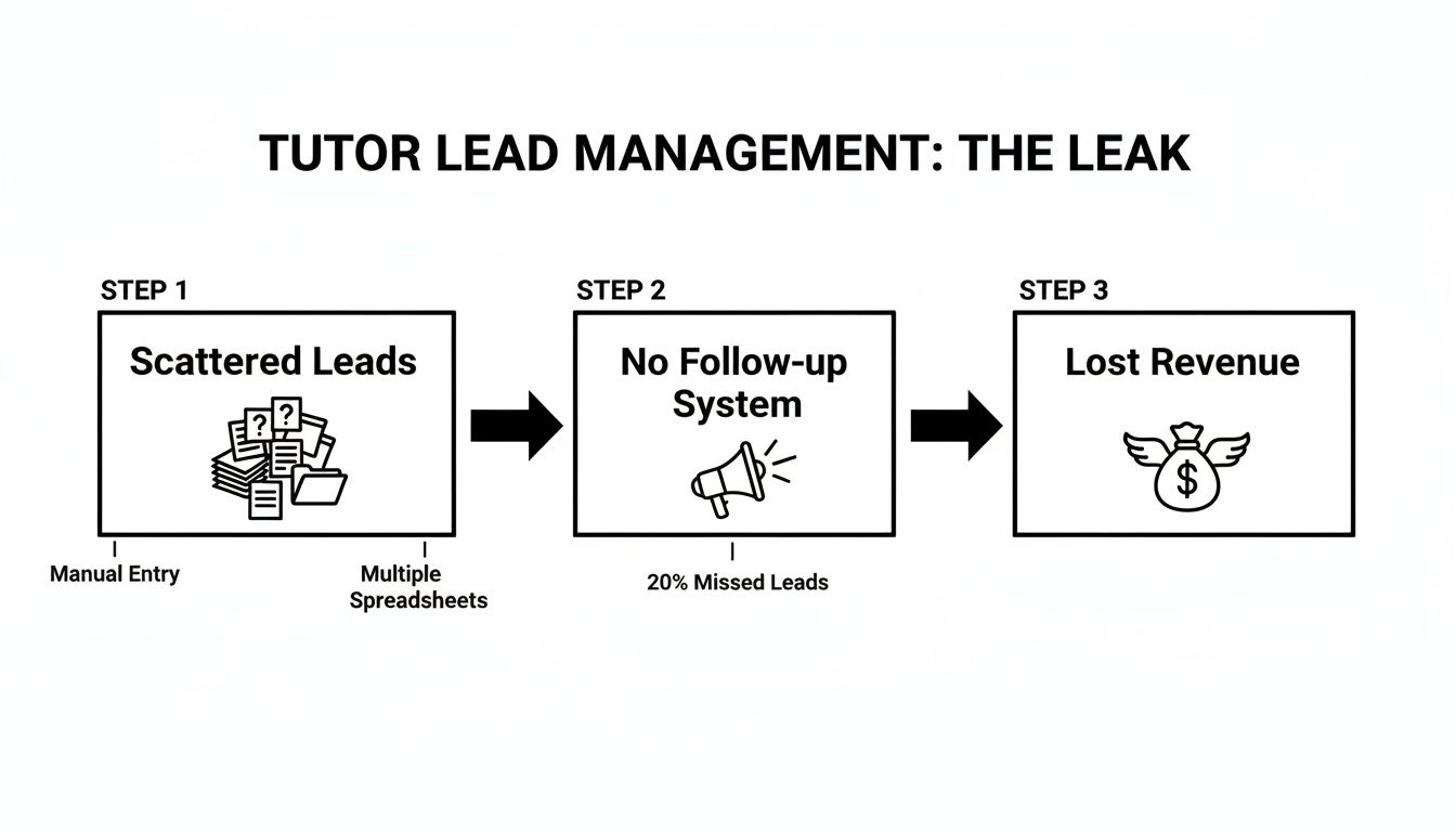 Diagram illustrating the tutor lead management leak, showing scattered leads, no follow-up, and lost revenue.