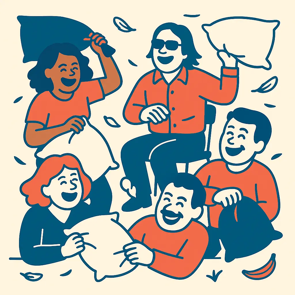 Équipe d'entreprise en pleine bataille de polochons lors d'un team building La Jeance