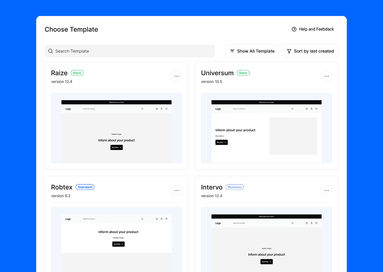 A user interface displaying multiple card-style layouts with options for customization and selection different website templates.