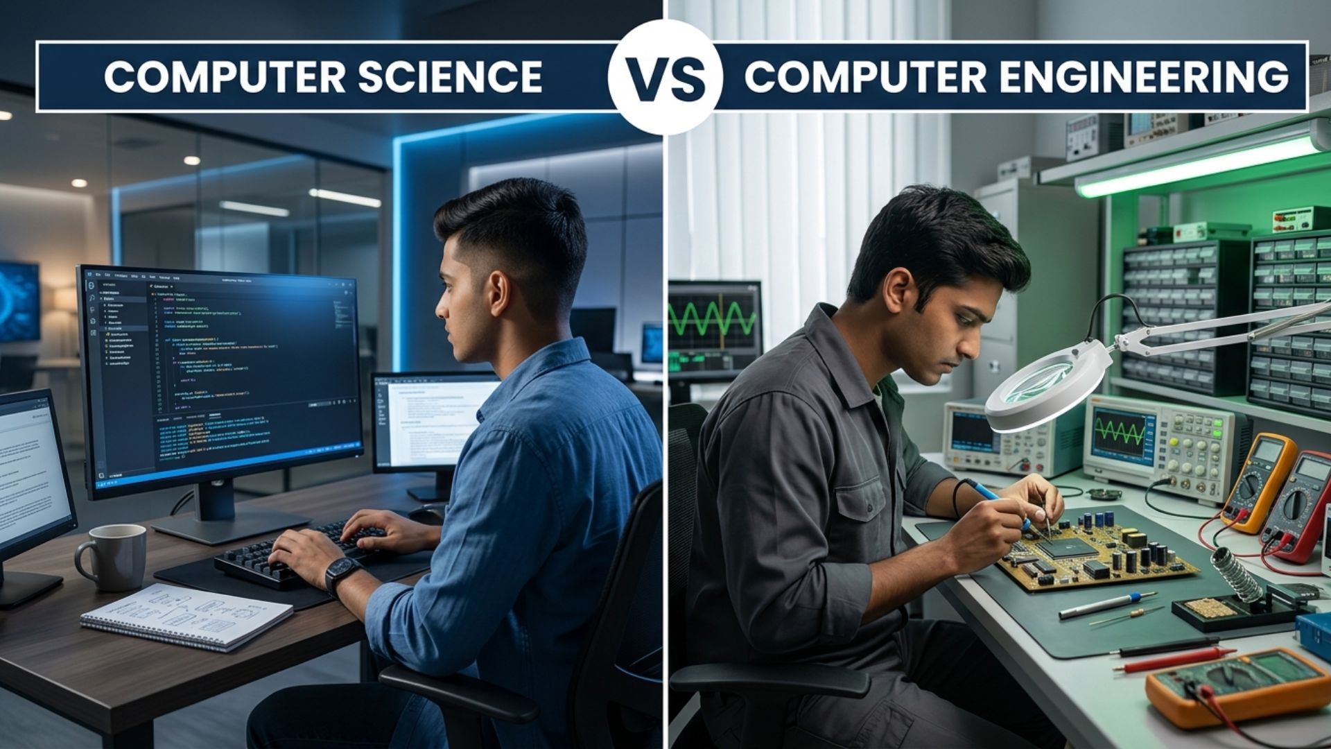 Computer Science vs Computer Engineering comparison showing coding on one side and electronics lab work on the other for students choosing CSE after 12th