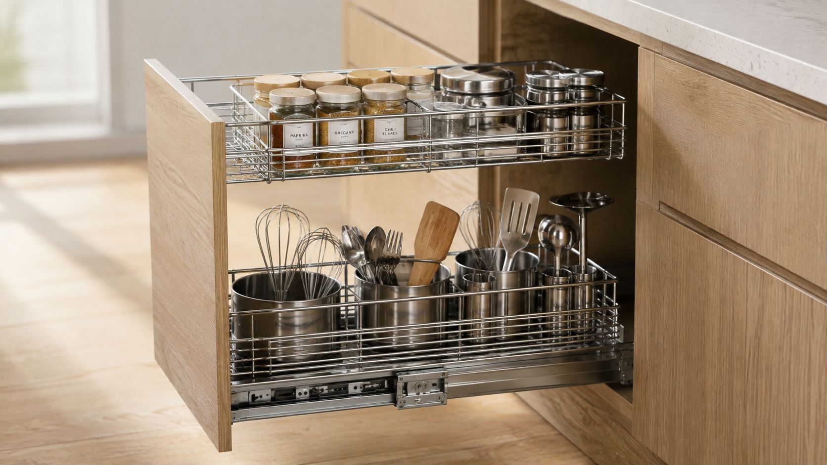 A pull-out kitchen cabinet drawer organized with spice jars, cooking utensils, and metal containers.