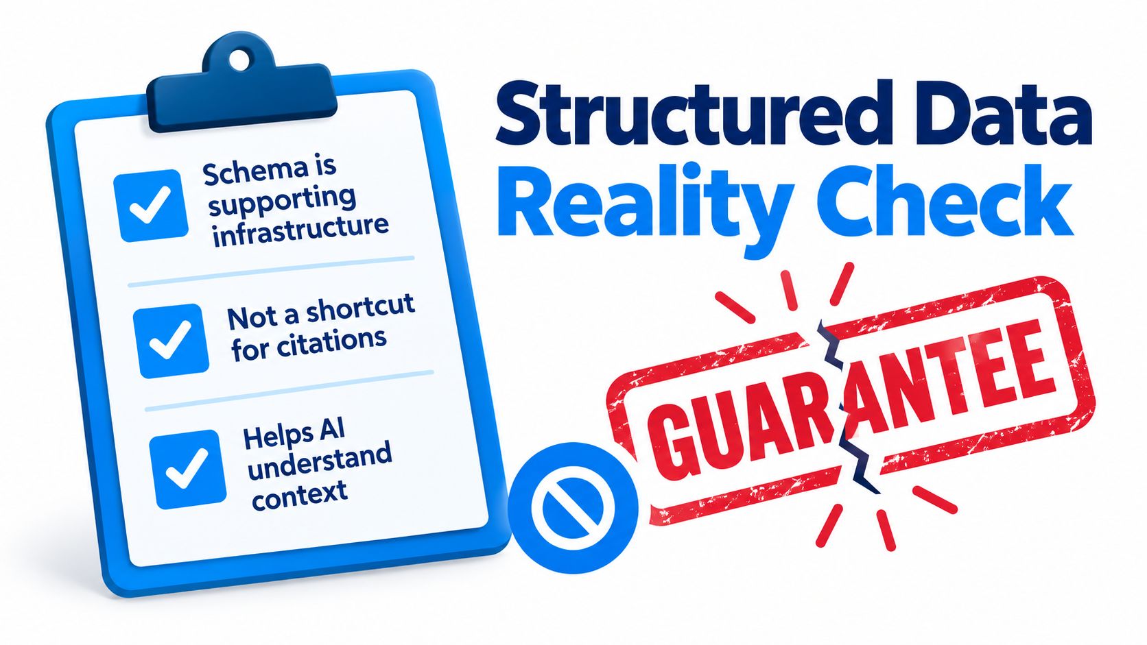 A clipboard showing three points about structured data, with a broken guarantee stamp next to it.