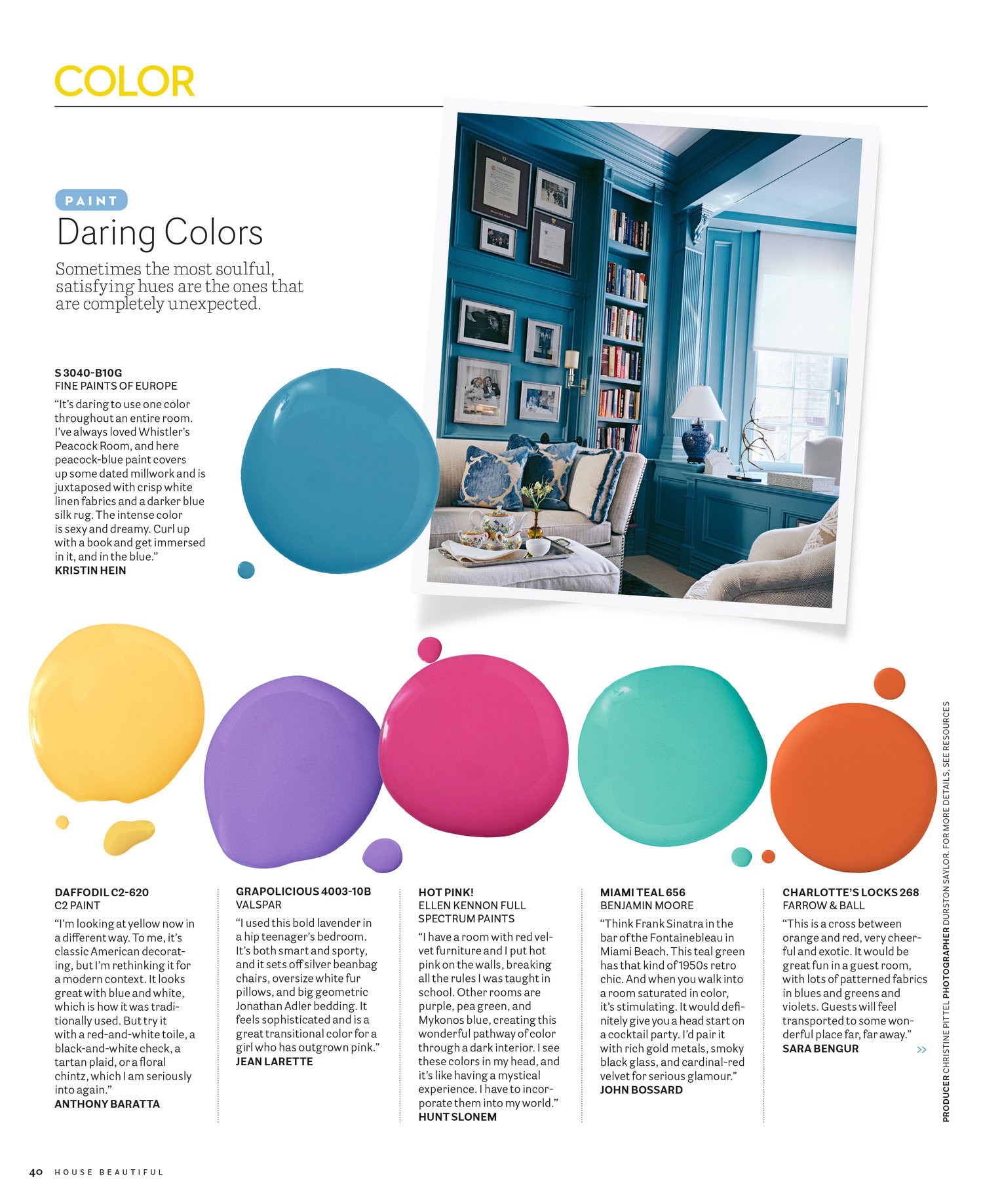 A layout of six different color paint blobs with a photo of a sitting room with blue wall and cabinets 