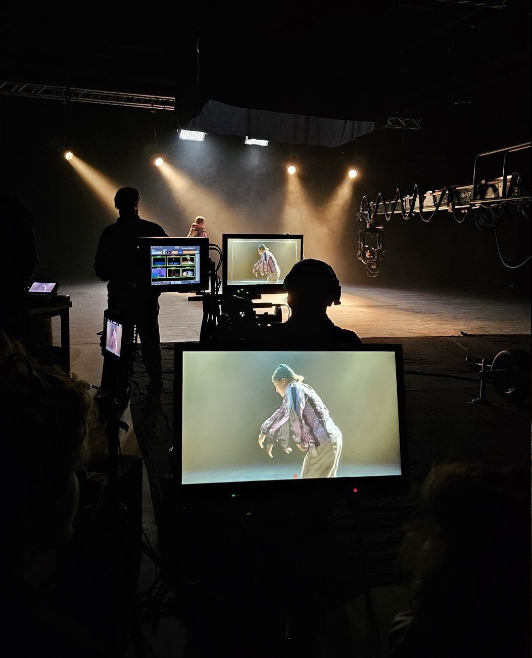 A person filming a live performer.