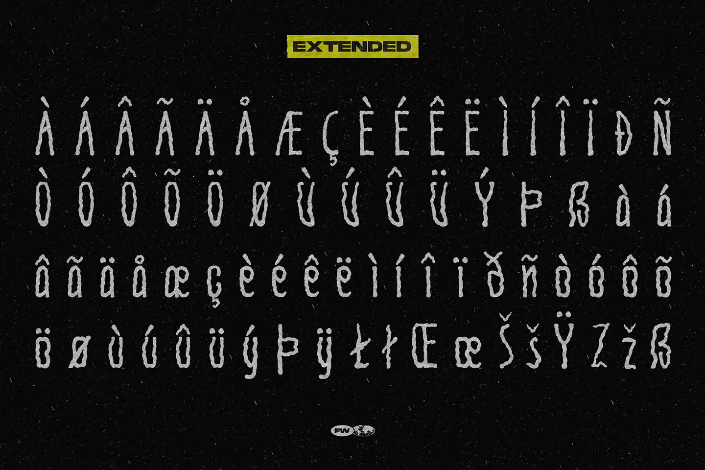 Showcase of extended Latin characters and accents included in the AntiStroke handwritten font character set