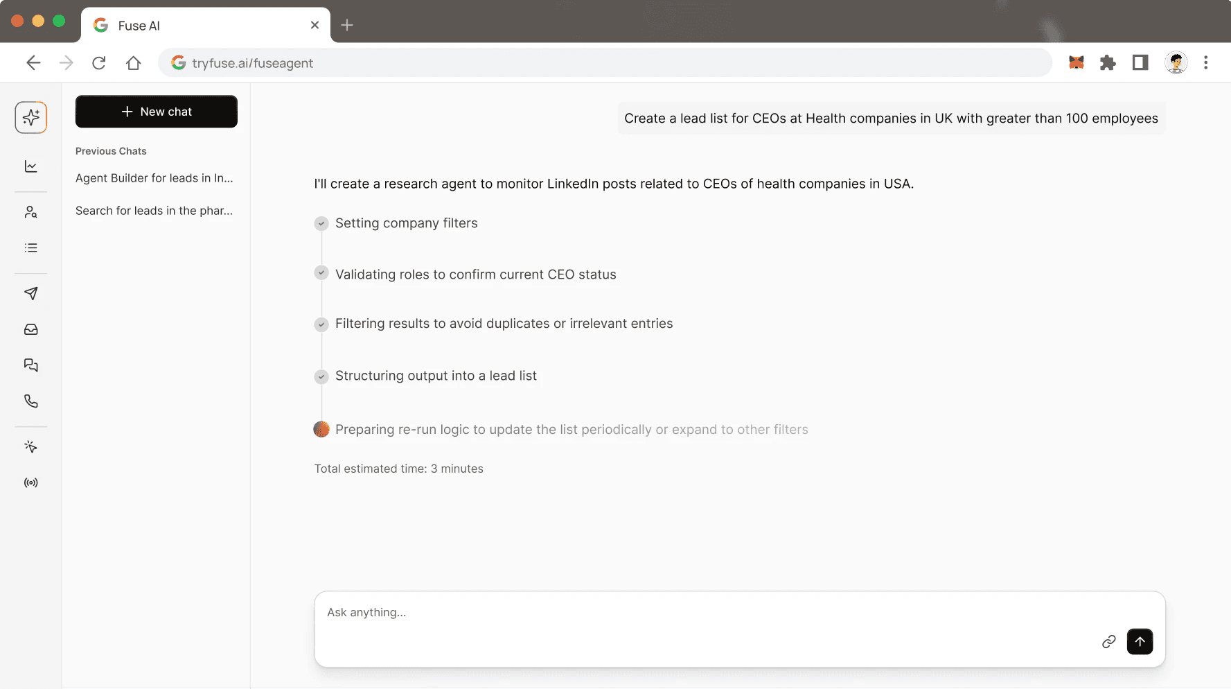 Screenshot of the Fuse AI web app showing a research agent setup flow for creating a lead list of health company CEOs.