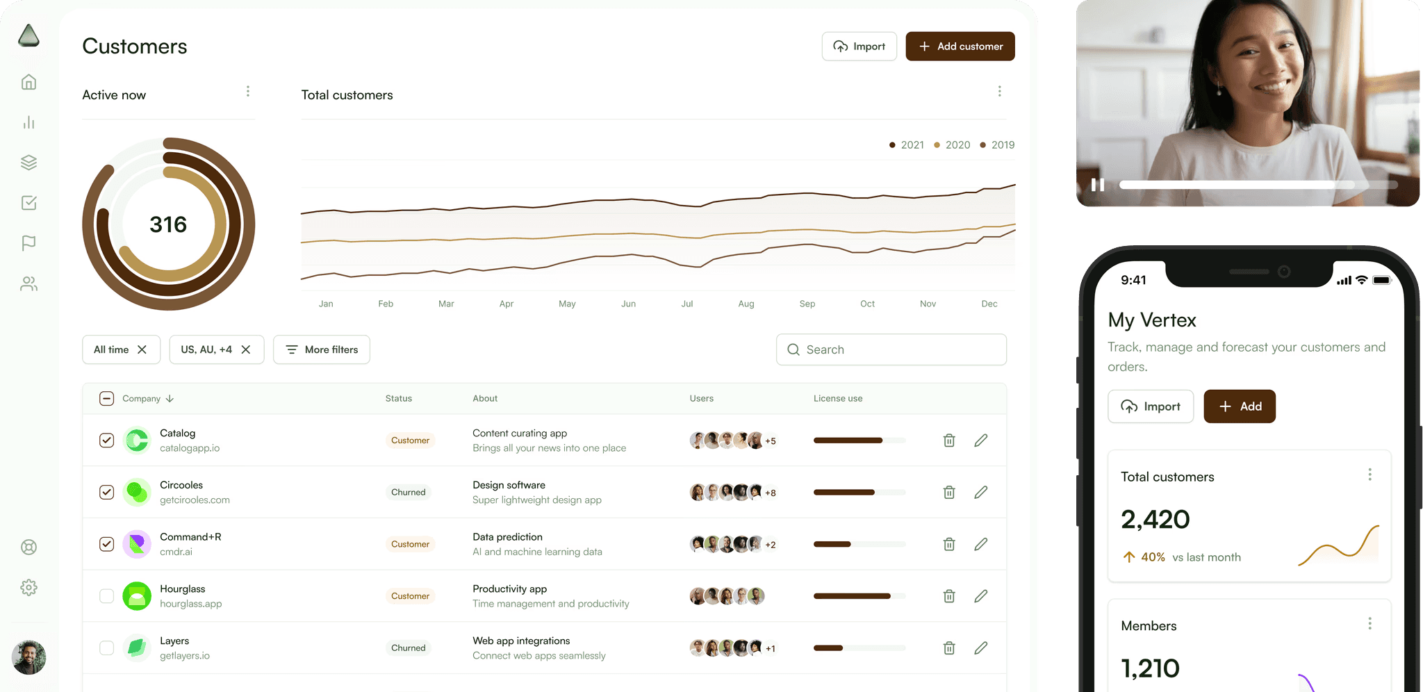 A composite of a UI Dashboard, a video of a woman and a mobile phone.