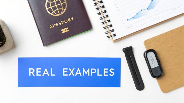 A flat lay of desk essentials including a passport, notebook, blue 'REAL EXAMPLES' card, and tech gadgets.