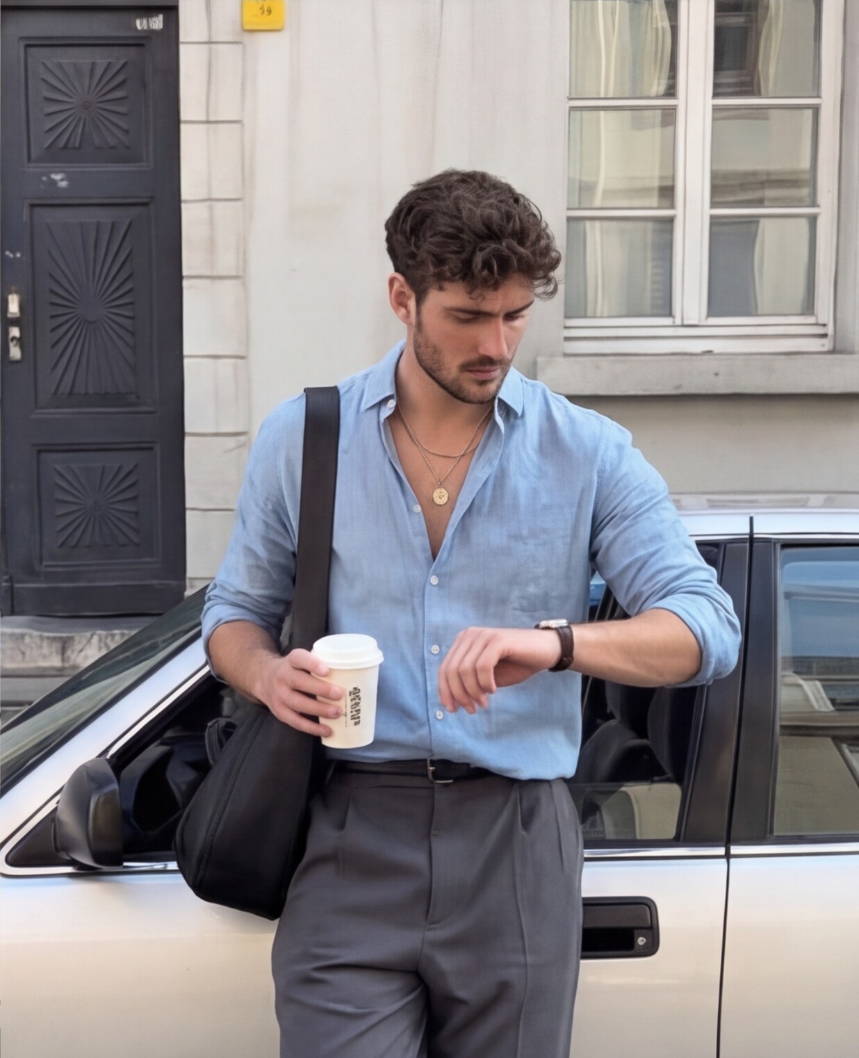 Powder Blue Shirt with Tailored Grey Trousers