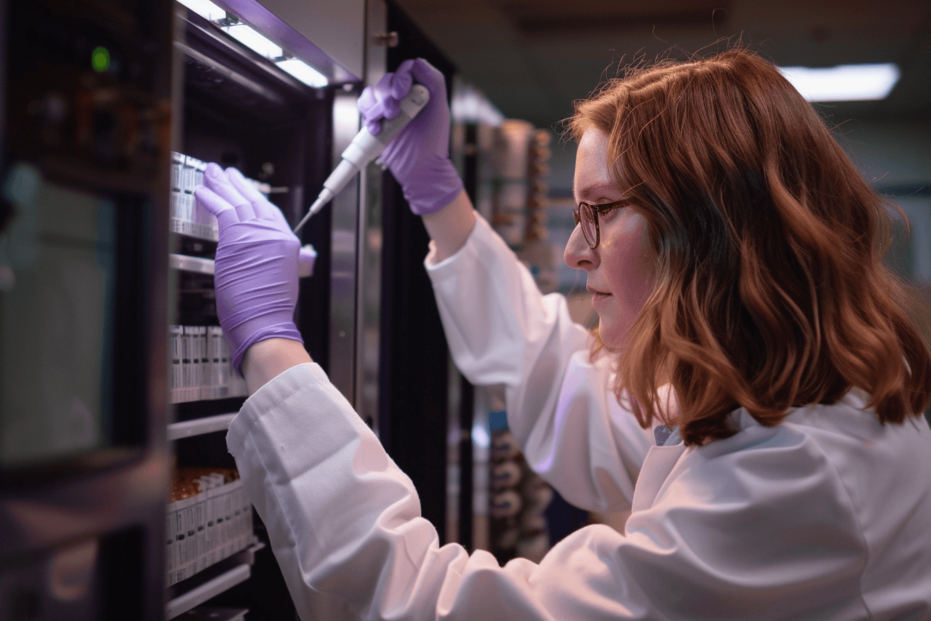 Scientist in a lab coat using a pipette in a dimly lit laboratory with advanced equipment in the background.