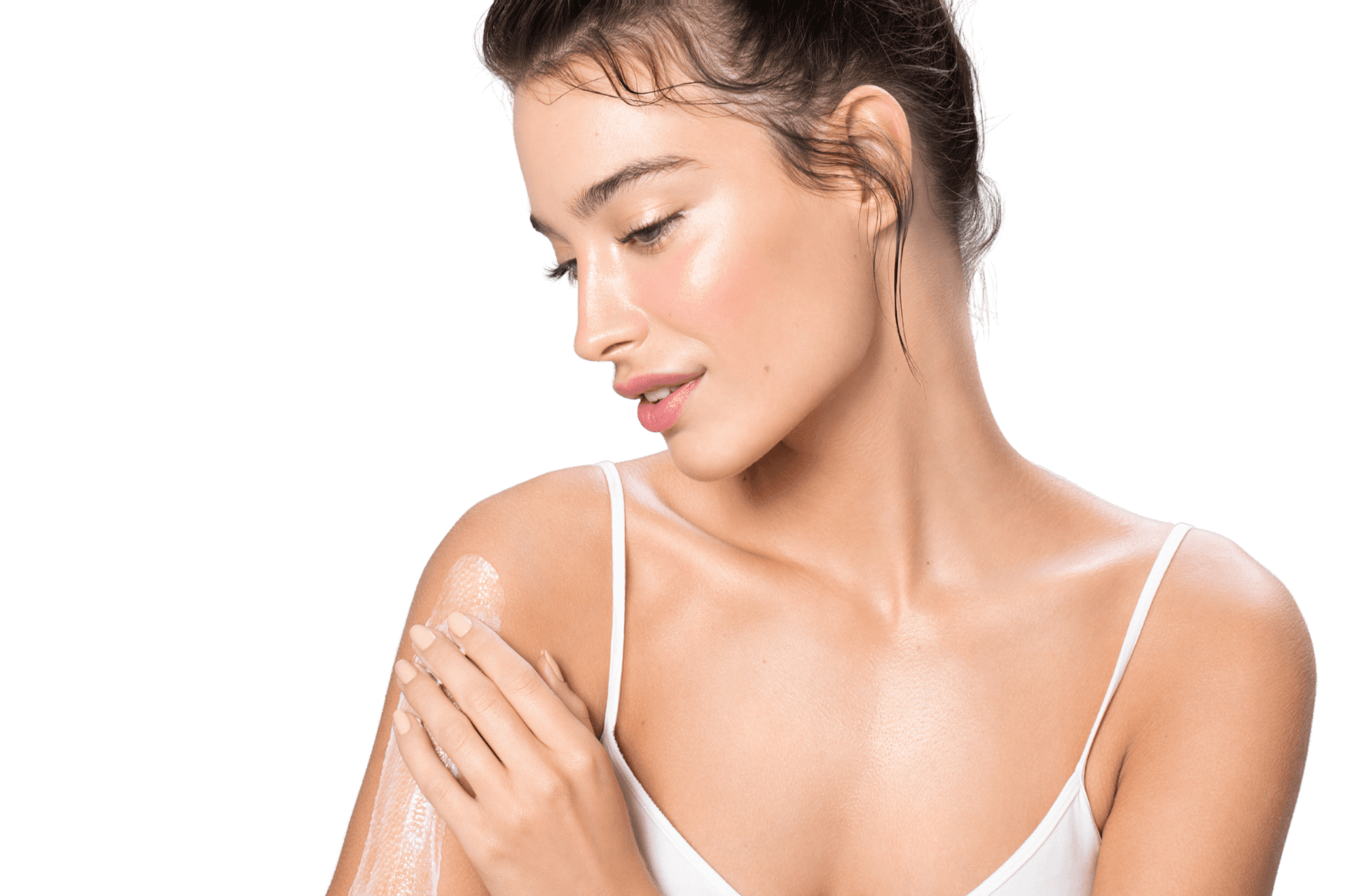 beautiful woman with perfect skin applies cream on her shoulder