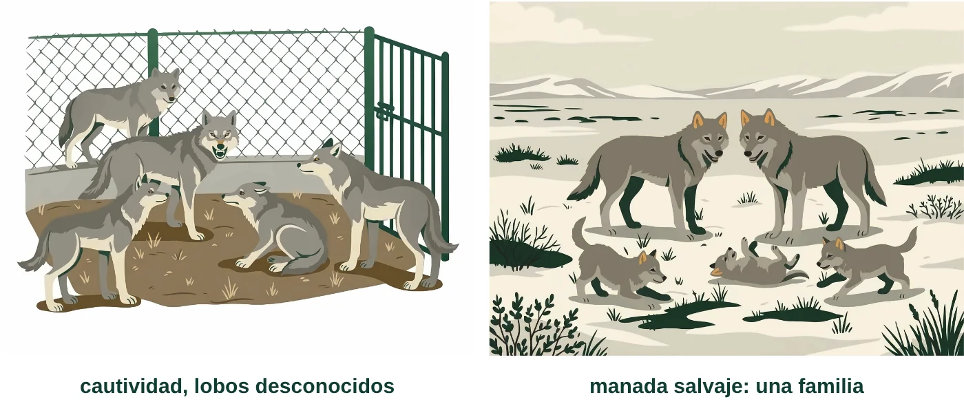 Lobos en cautividad frente a una manada salvaje, que es una familia: el origen del mito de la dominancia