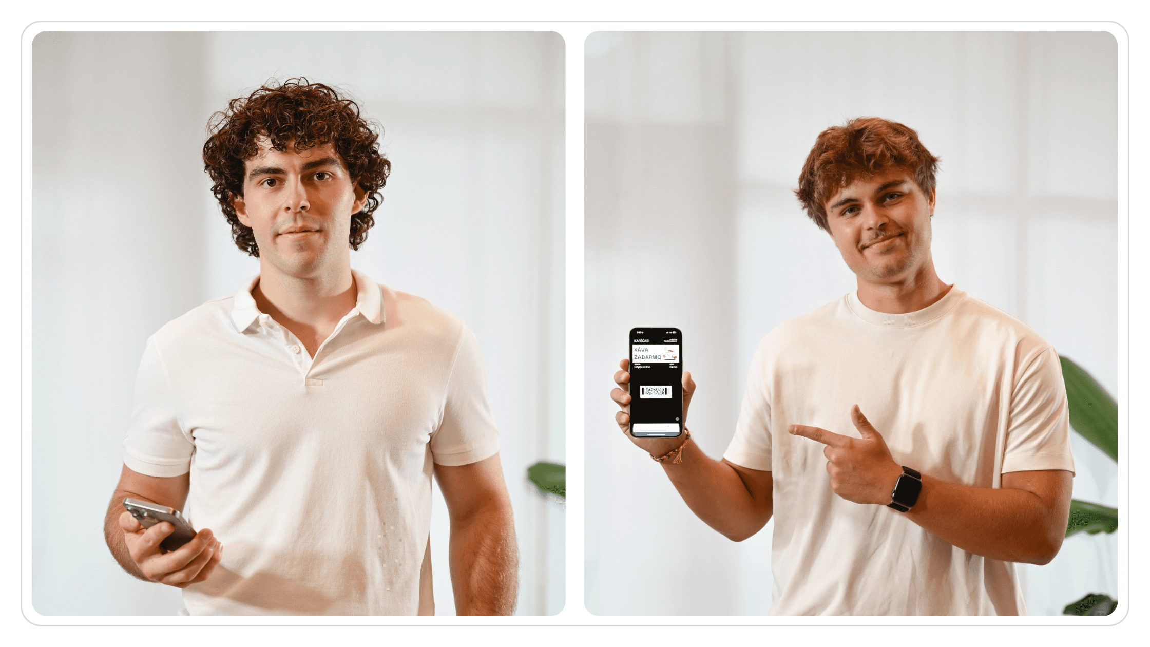 two people side by side, one holding a phone and pointing at it while smiling, and the other just holding a phone.