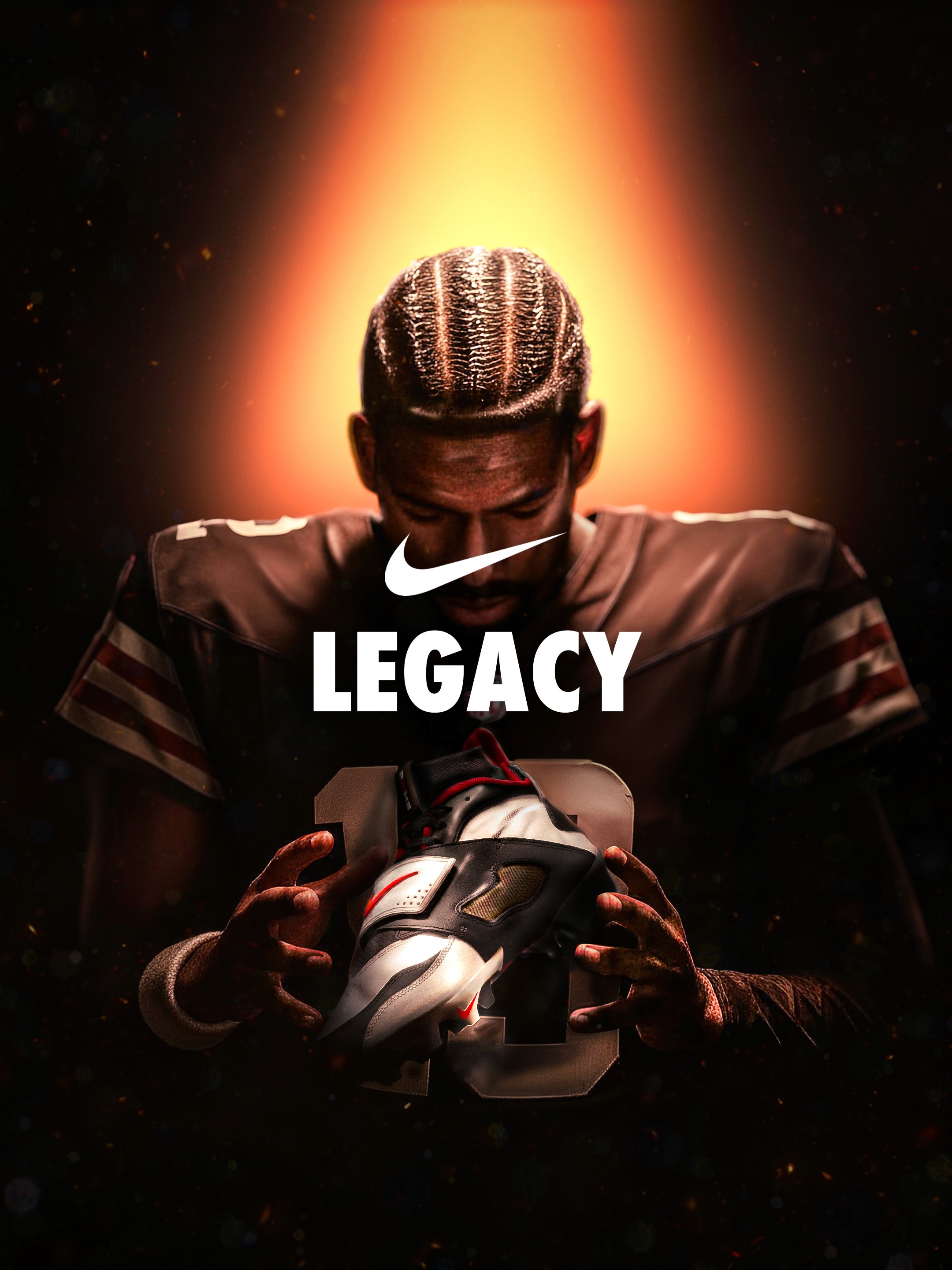 Affiche Nike Legacy avec halo lumineux et chaussure Air Diamond Turf, projet réalisé par un graphiste à Colmar.