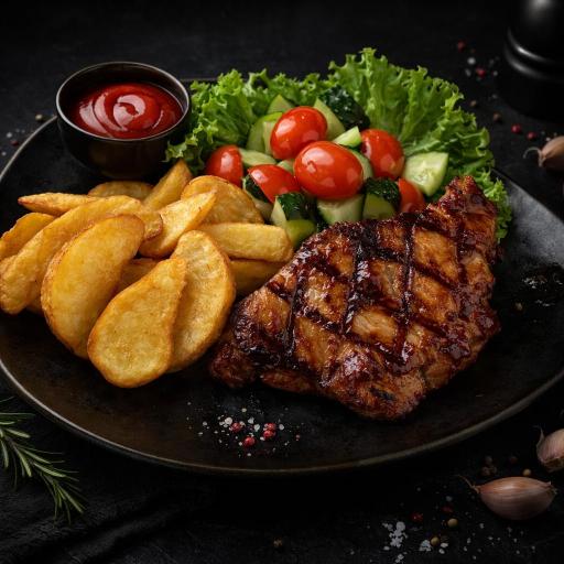 a plate of meat and vegetables on a table