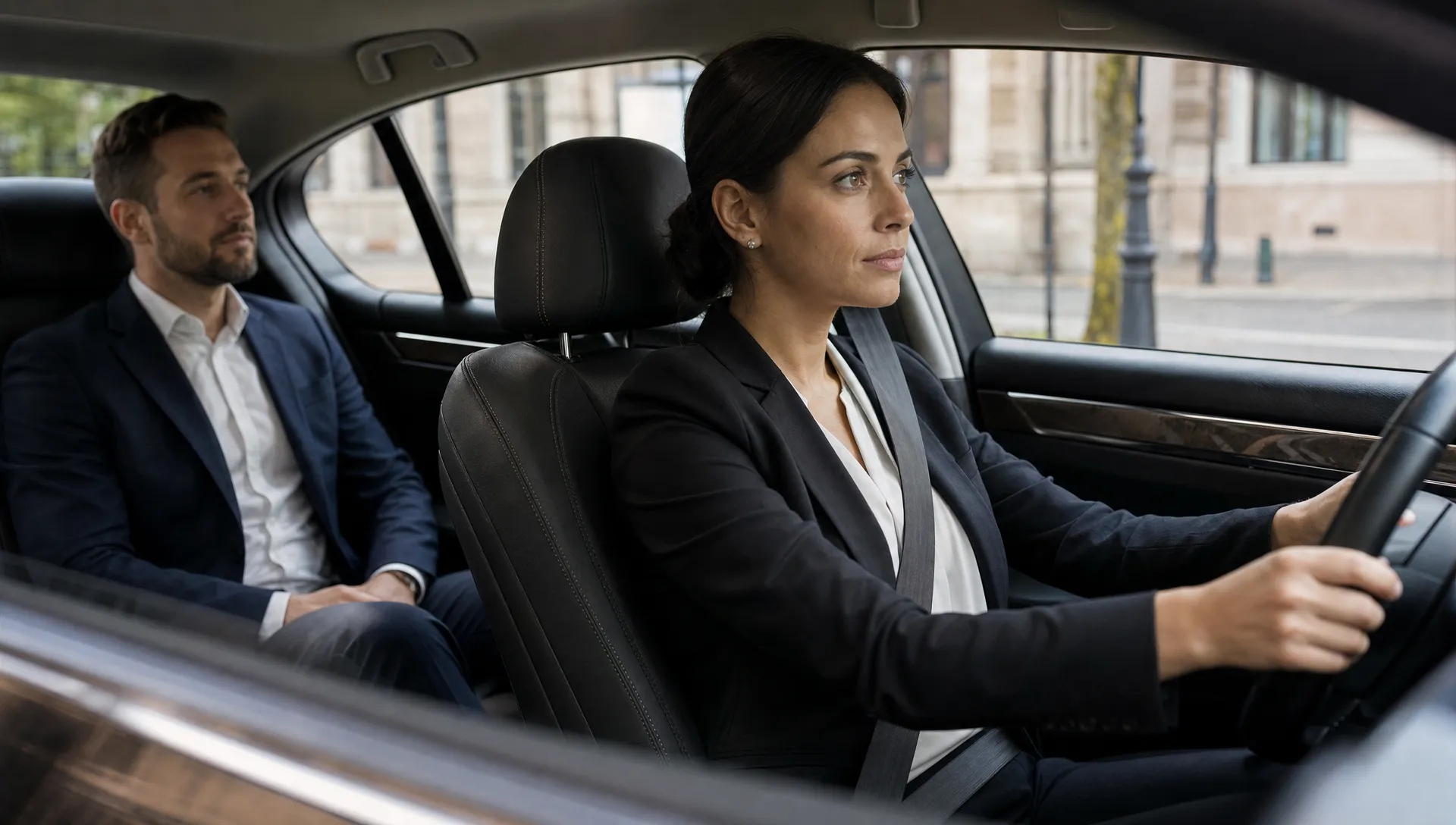 Een vrouwelijke chauffeur zit geconcentreerd voorin achter het stuur van een luxe sedan, terwijl een mannelijke zakelijke passagier ontspannen op de achterbank achter de passagierszijde zit. Door de zijruit is een rustige stedelijke omgeving zichtbaar en de sfeer is professioneel, discreet en premium. Geen tekst en geen logo's.