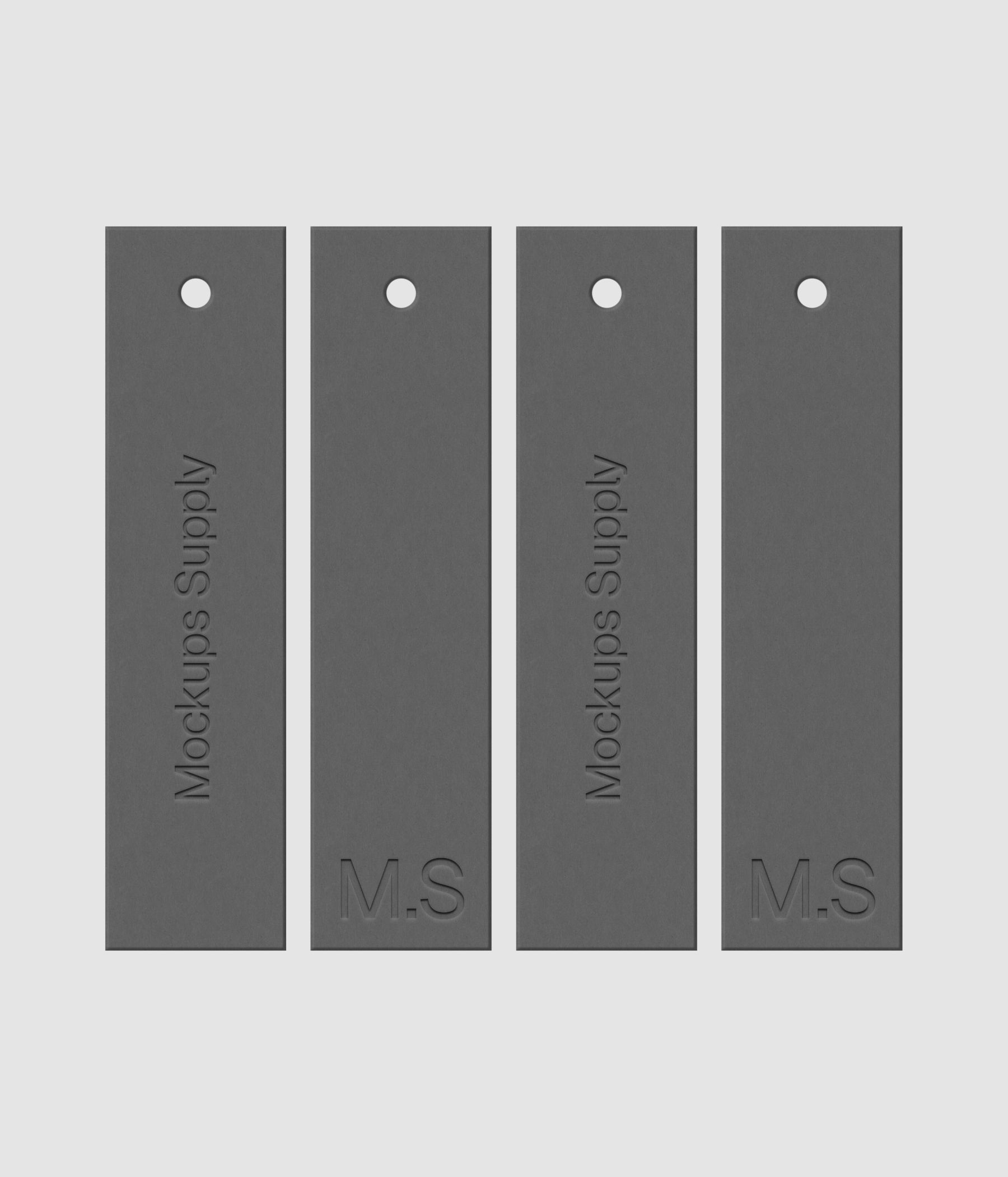 Four gray 1x4 vertical clothing hang tags mockup on white background with realistic debossed text effect for Photoshop download psd