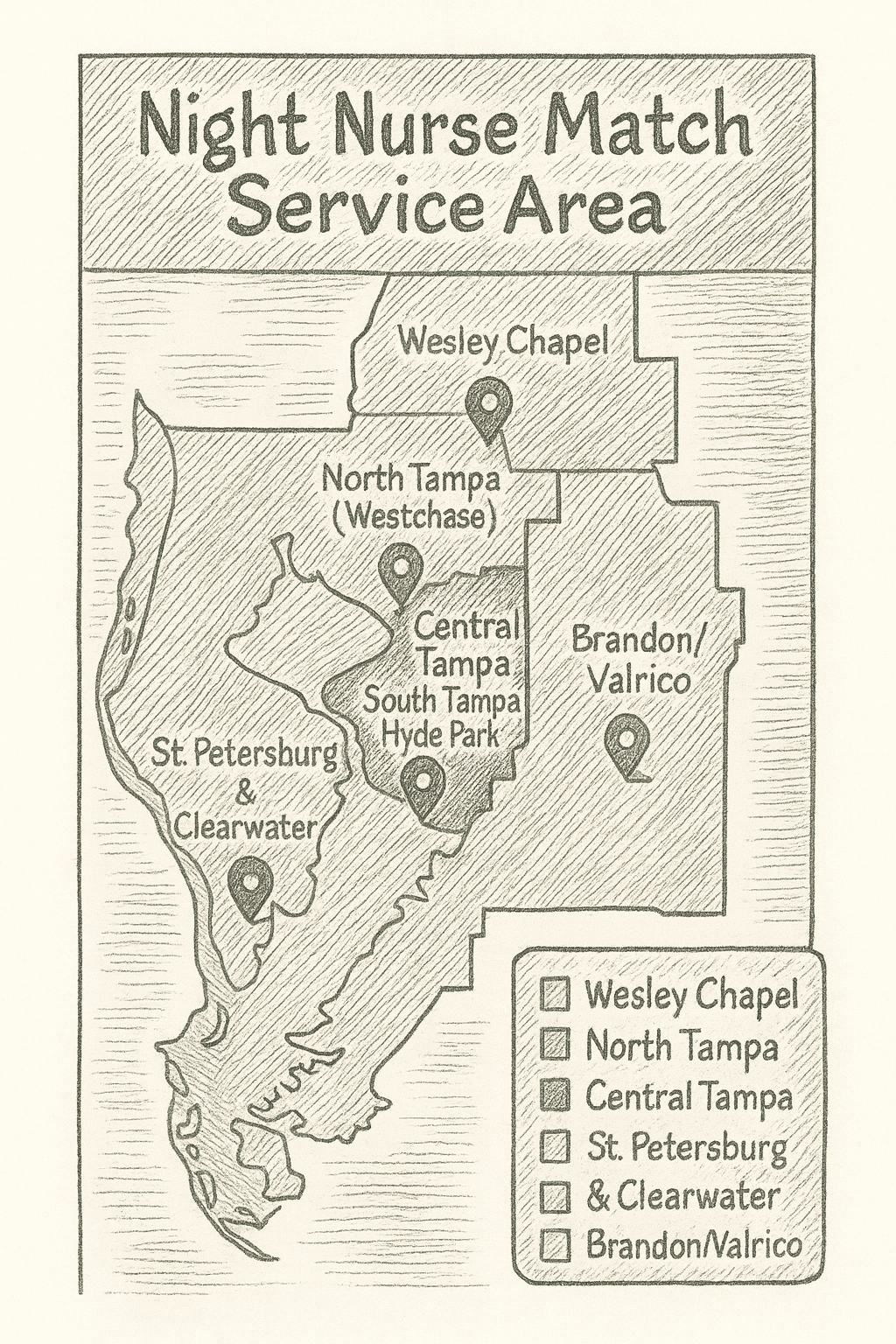Night Nurse Match service coverage map for Tampa St Pete and Clearwater Florida