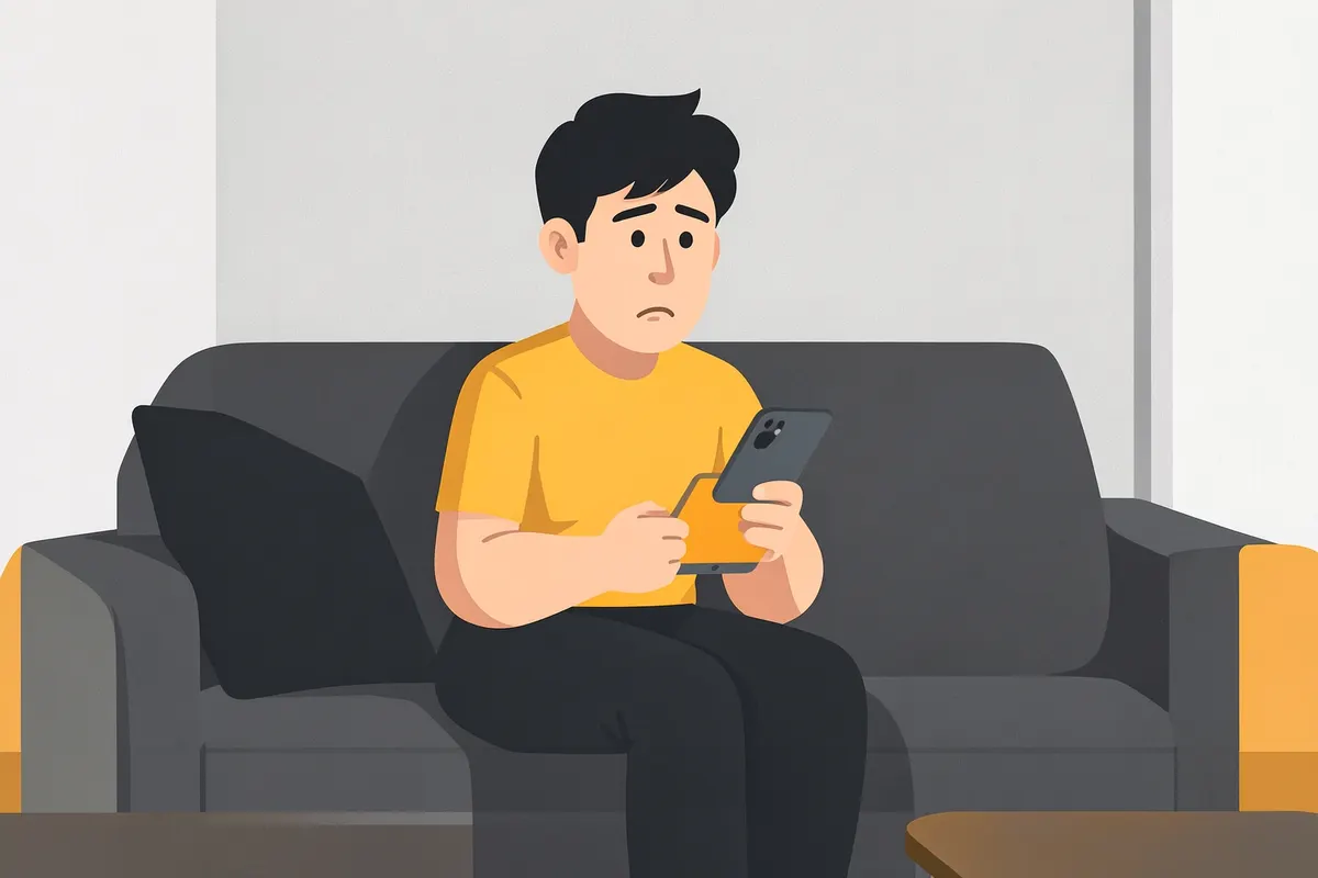 Pessoa com expressão confusa olhando para um gift card Apple e um smartphone