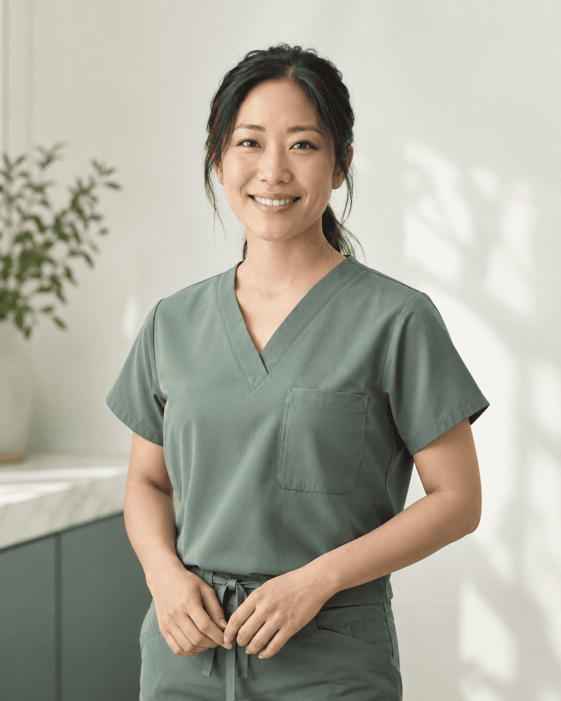 Illustrative portrait of Sophia Chen in sage clinical clothing