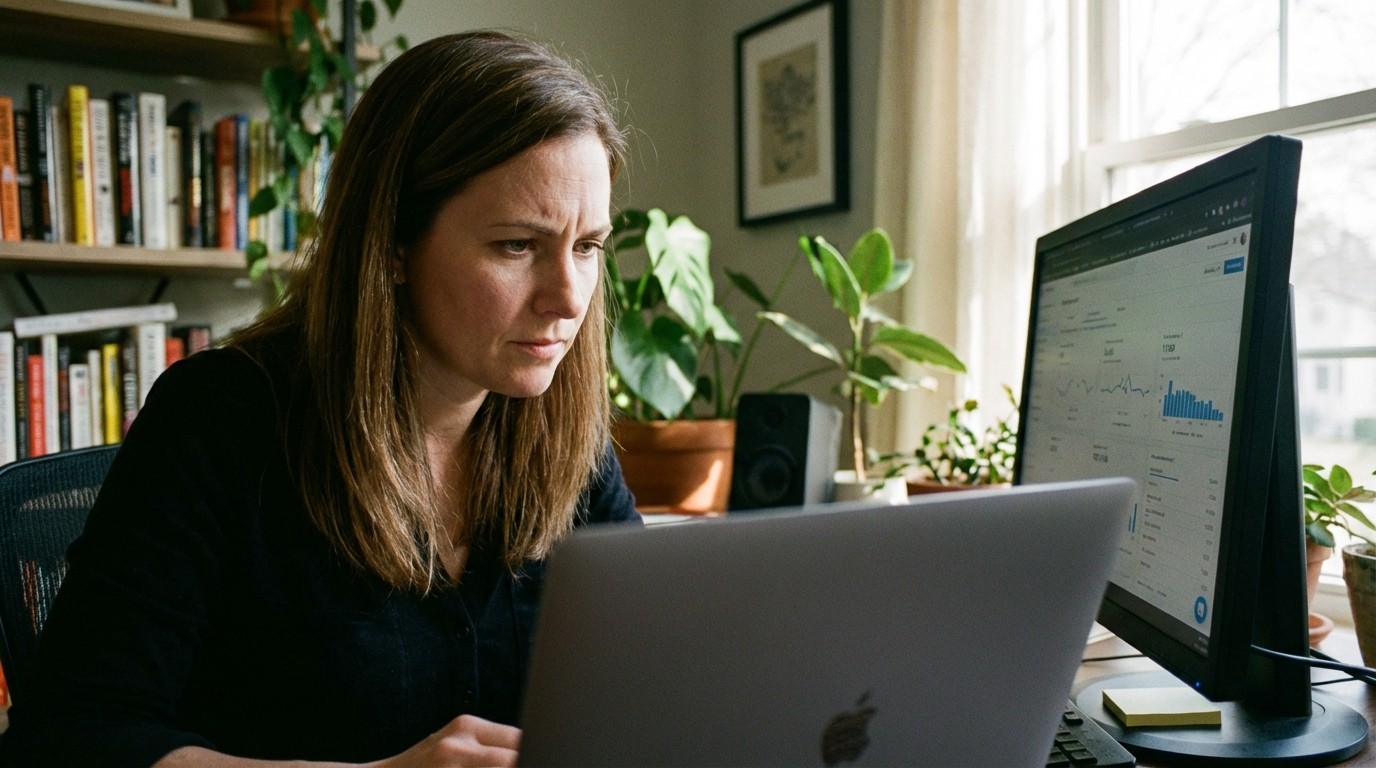 Woman at home office desk analyzing social media analytics dashboards, comparing Instagram and Facebook metrics