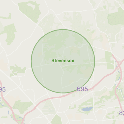 Map with circle over stevenson maryland remodeling service area