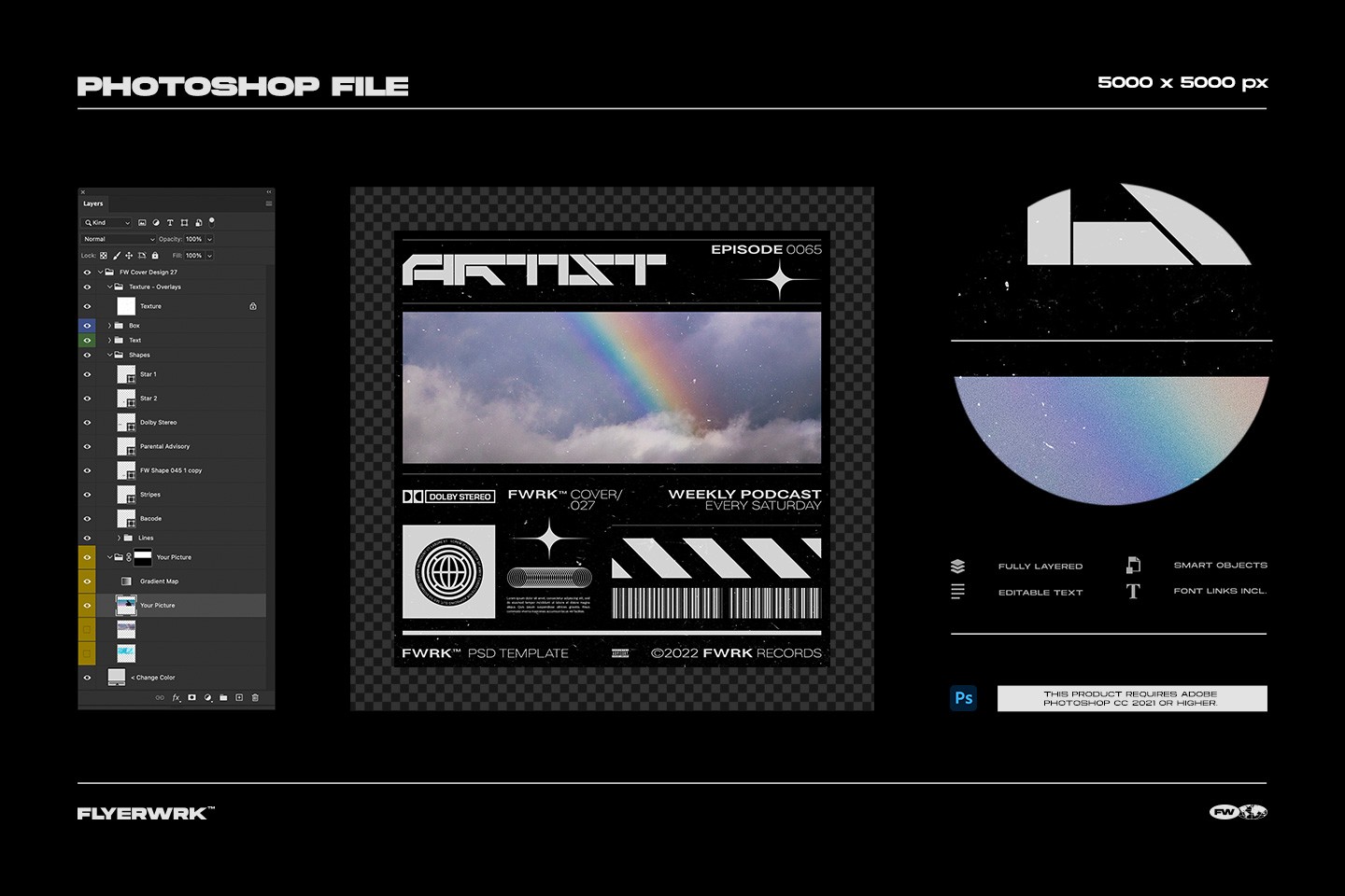 Brutalist style podcast cover template featuring a rainbow sky image and technical barcode graphic elements