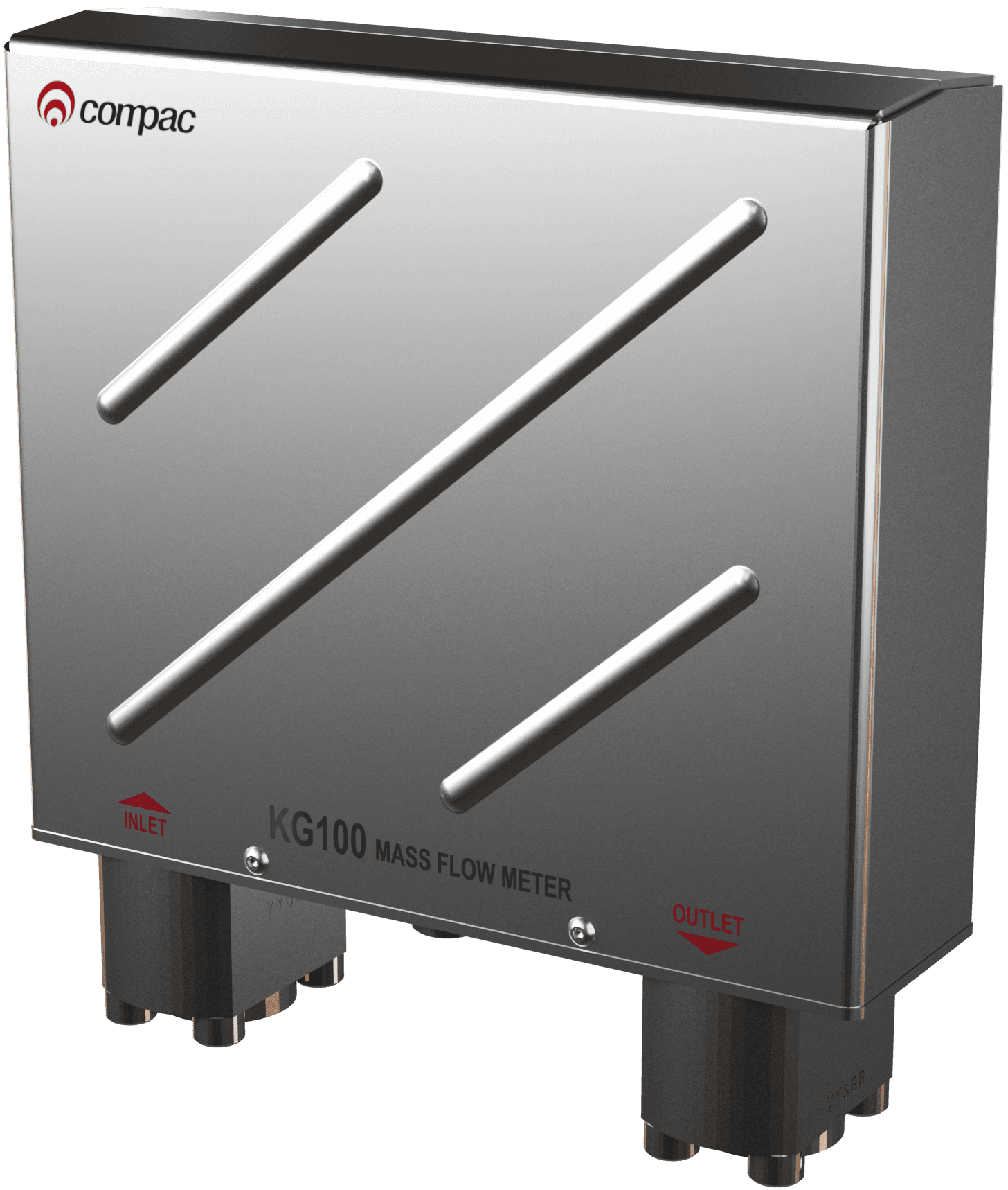 Render of Compac Coriolis Meter inside a silver metal case.