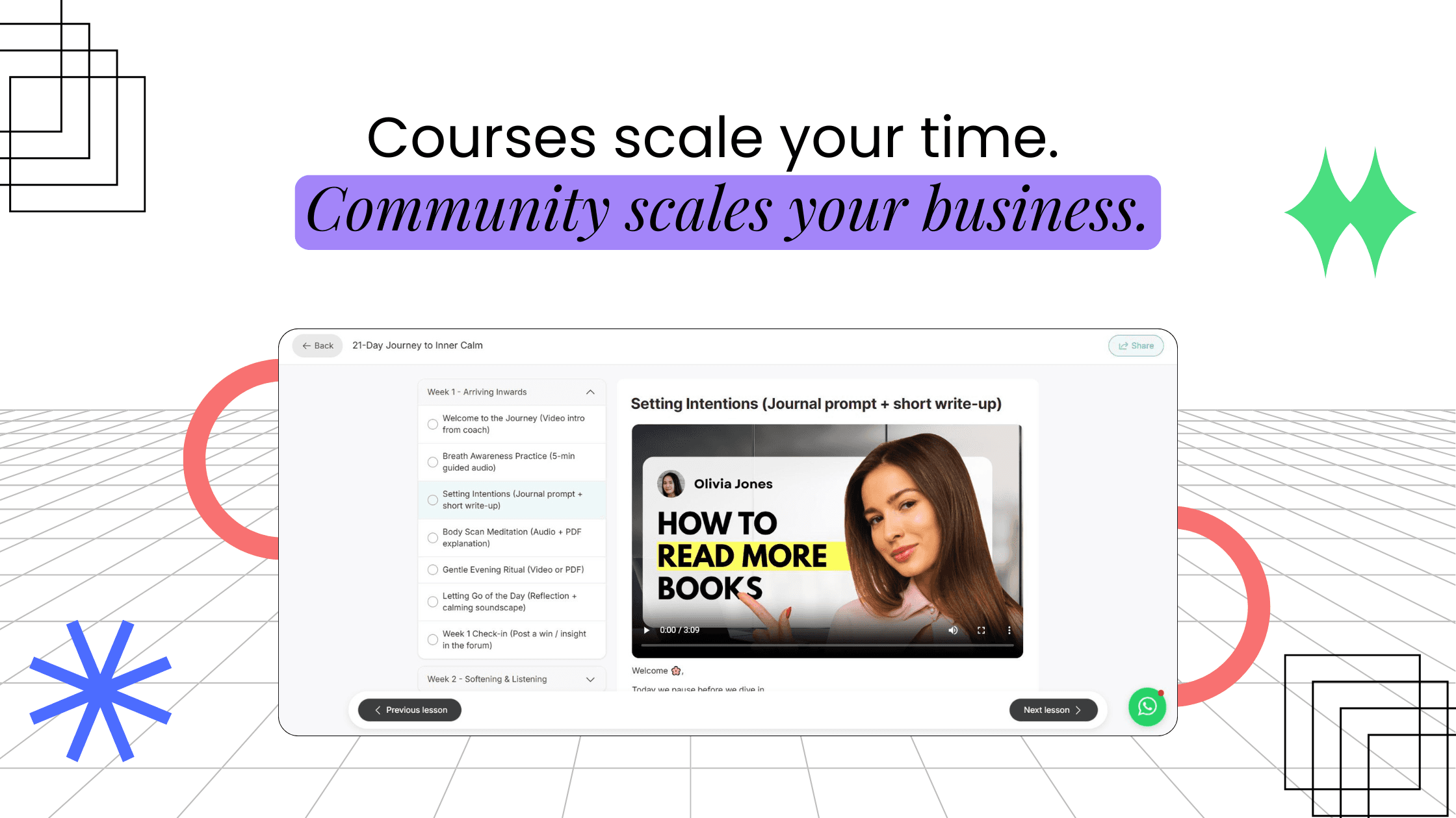 Online course and community platform showing how courses scale time while community scales a coaching business sustainably.