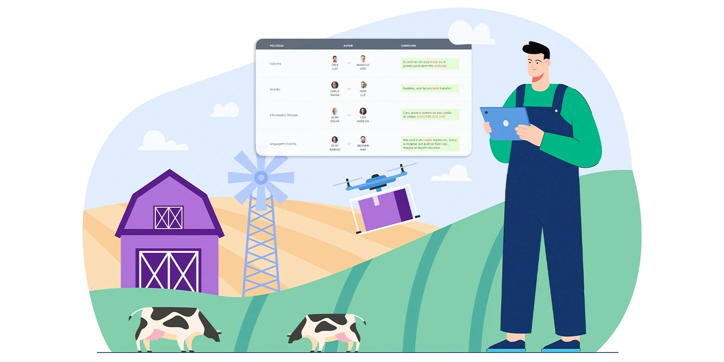 Ilustração de um trabalhador rural em um campo usando um tablet para monitorar conversas do WhatsApp de sua companhia, com elementos como um celeiro roxo, vacas e um drone no fundo, simbolizando a tecnologia no agronegócio