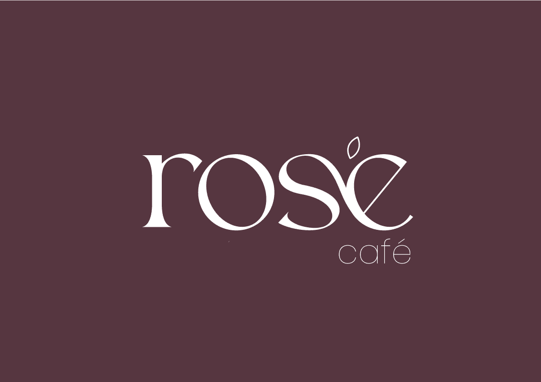 Rosé Café white logo on dark mauve background