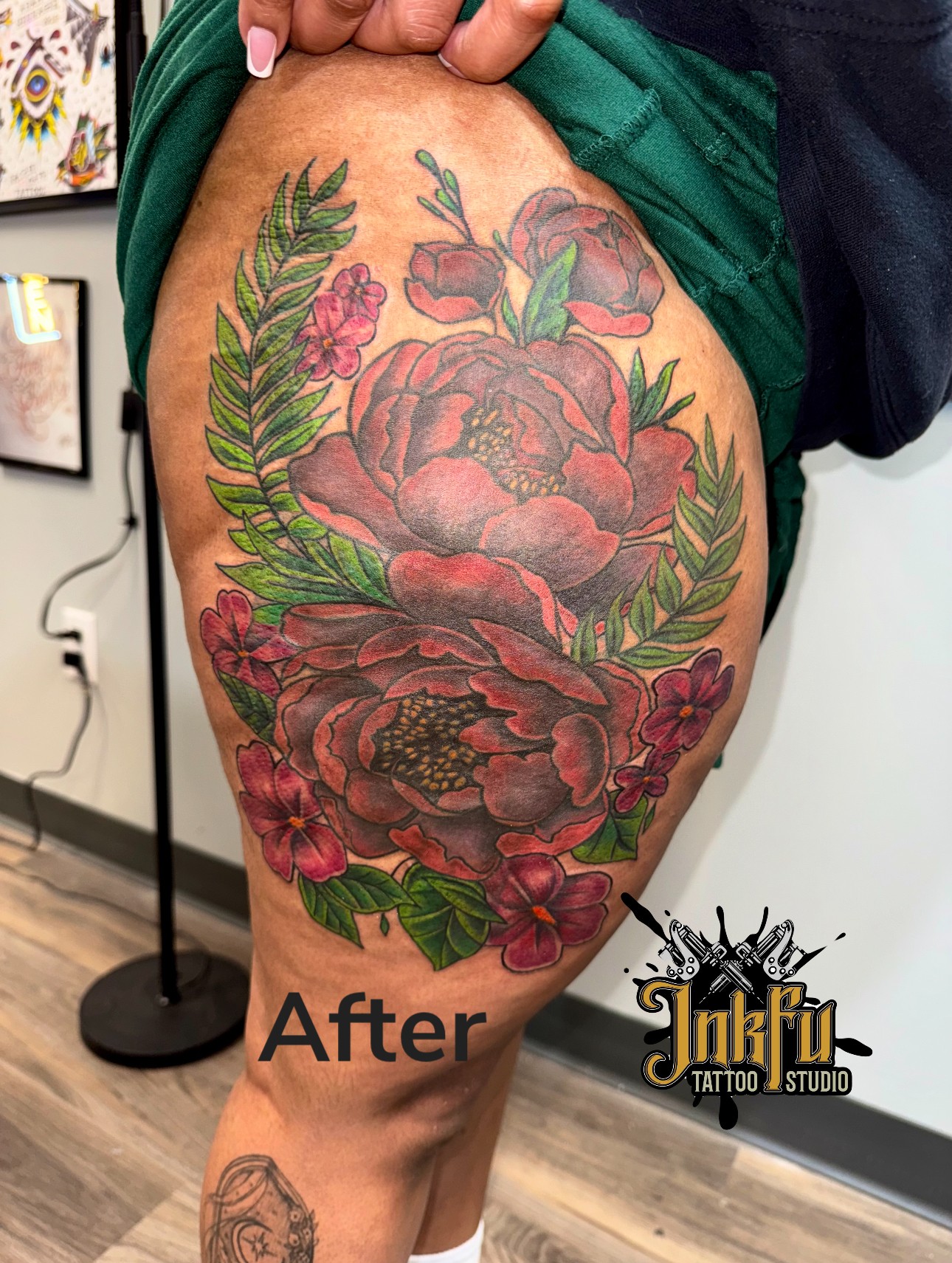 After: Floral Cover-Up, a finished cover-up tattoo on the thigh by Meer Rich (view 2)