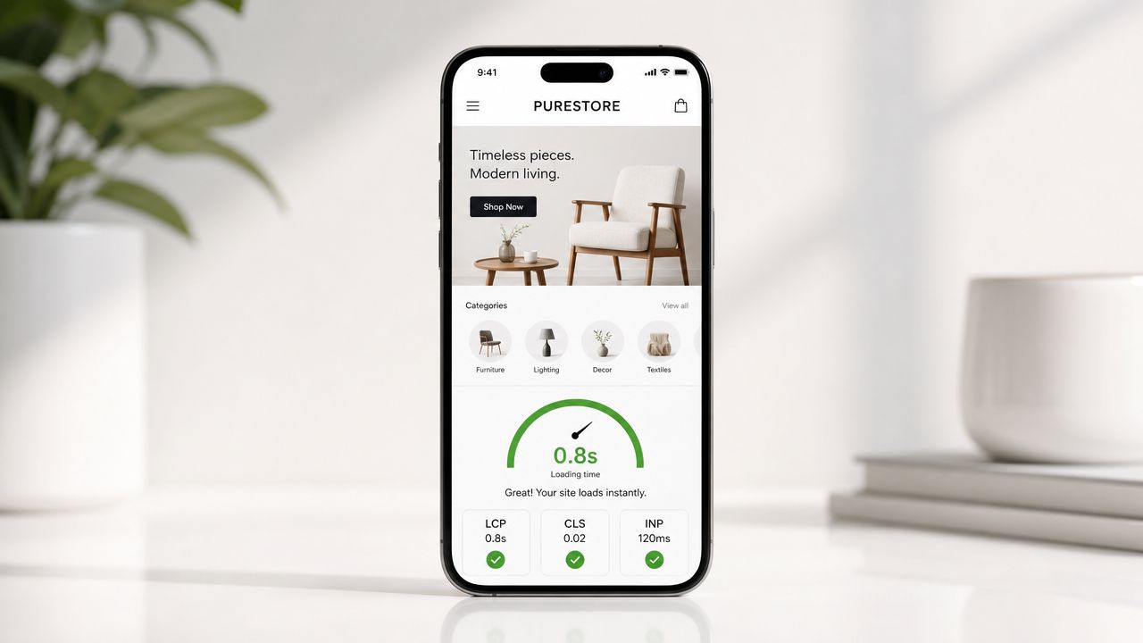 A smartphone screen displaying a Shopify speed performance report for a furniture store called Purestore with excellent loading metrics.