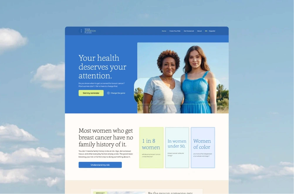 Your Attention Please homepage with high-contrast blue and cream sections, layered over a sky background.