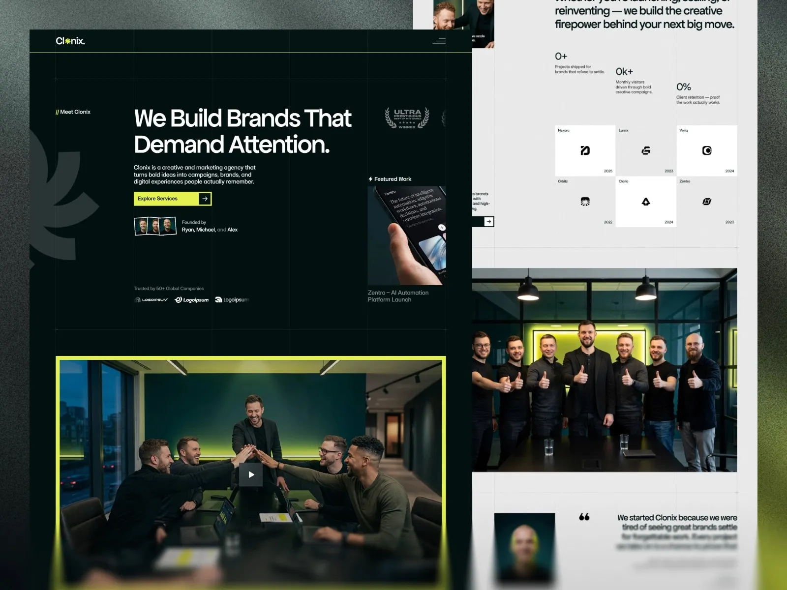 Collage showcasing a marketing agency's website and group of smiling team members.