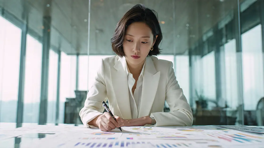 A professional woman in a white blazer writing notes over colorful data charts and reports on a conference room table