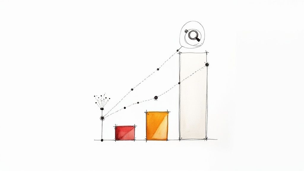 Hand-drawn bar chart illustrating growth and data analysis with a magnifying glass icon.