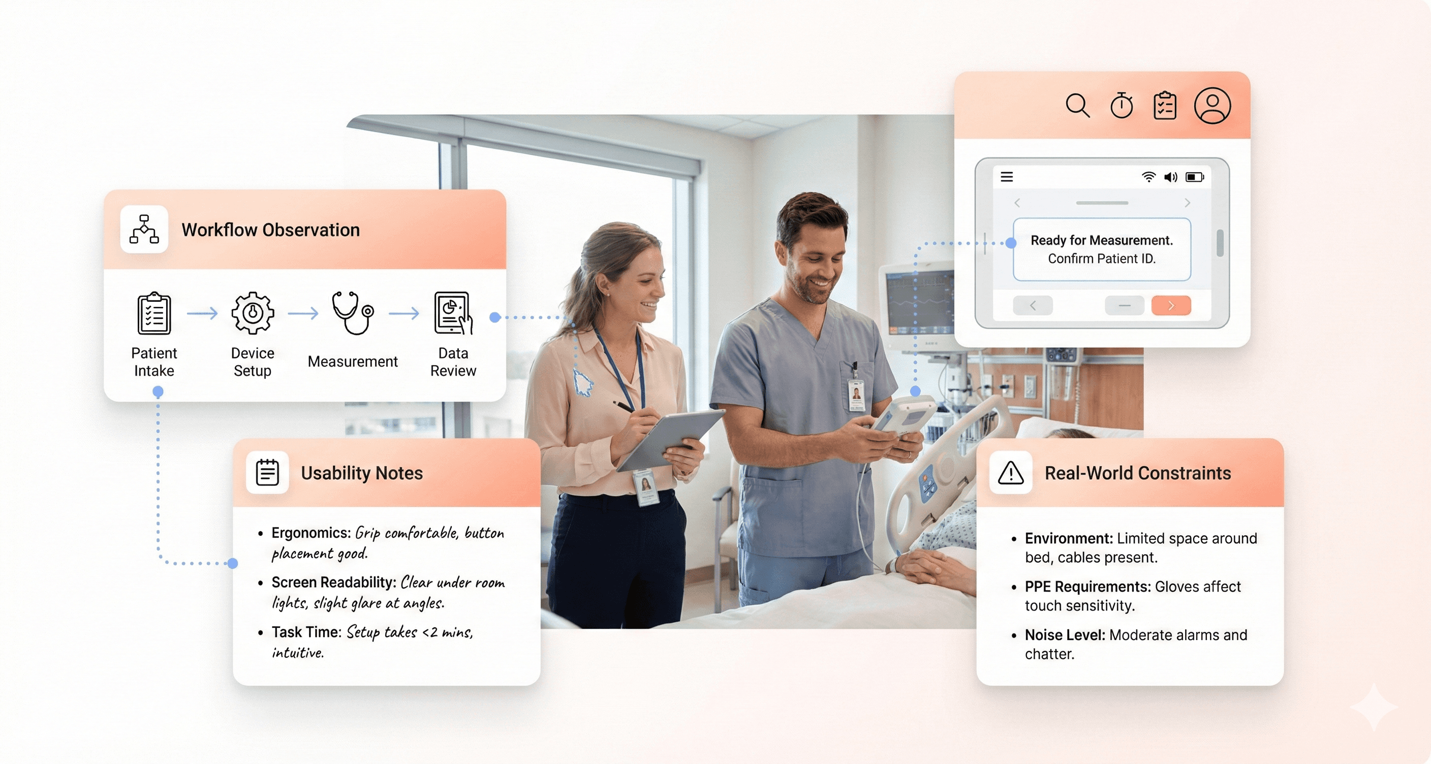 UX researcher observing a clinician using a medical device in a hospital setting to study real-world workflows and usability.