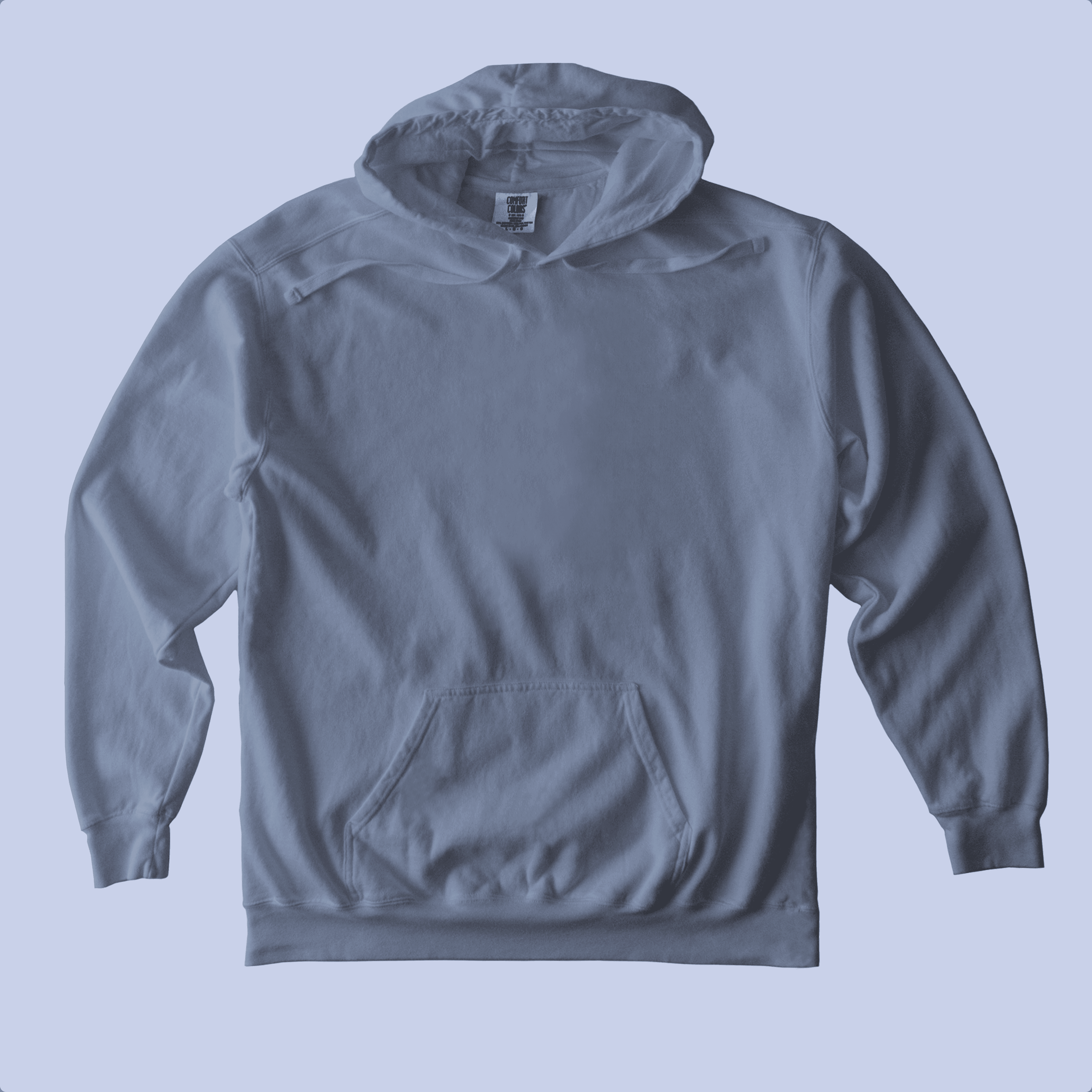 A plain, light blue hoodie with a kangaroo pocket. The hoodie is shown against a light blue background.