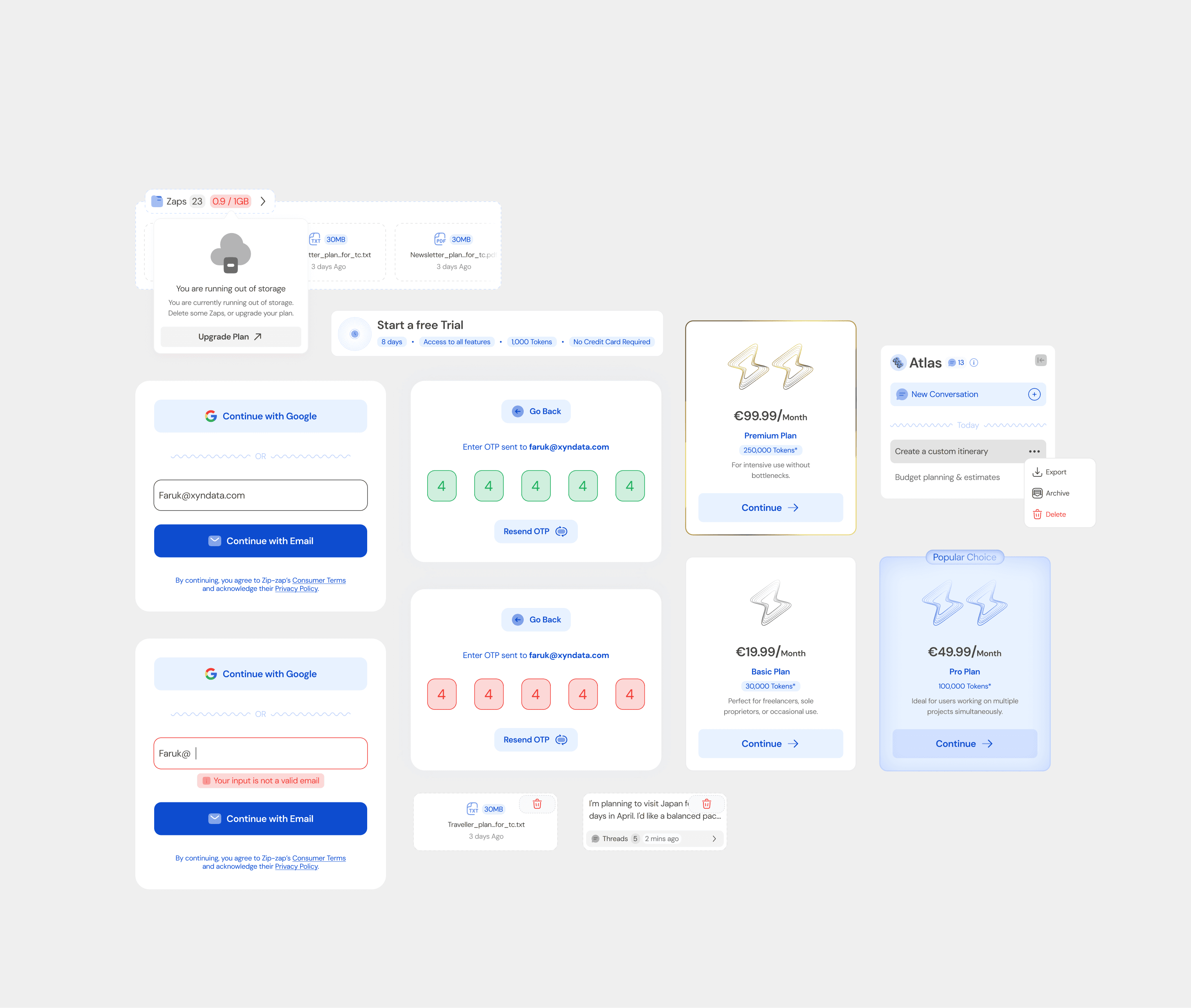 An image of multiple Zipzap design components