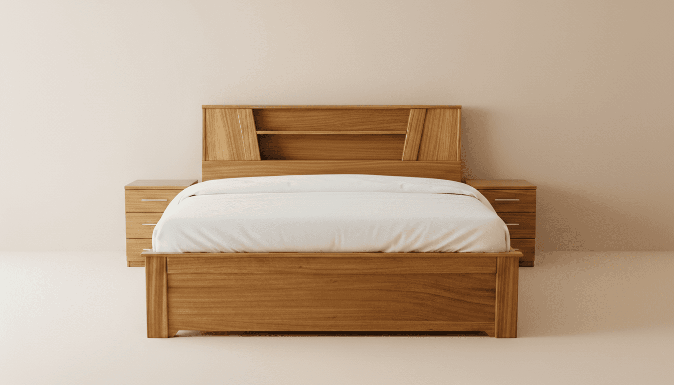 a gray couch with a wooden base on a gray background