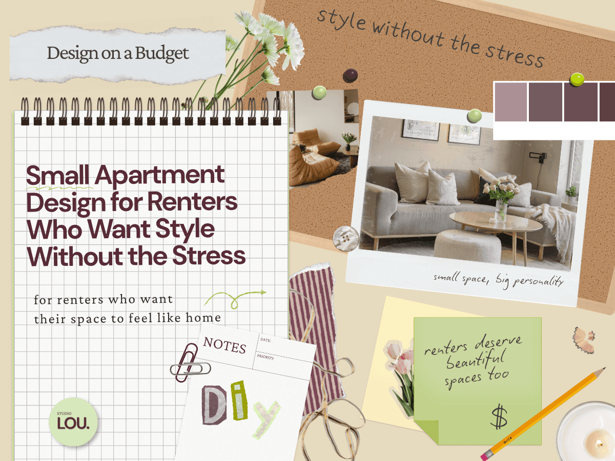 Papercraft-style blog header with a grid notebook titled Small Apartment Design for Renters Who Want Style Without the Stress, beige background, corkboard with color palette swatches and pushpins, polaroid photo of a cozy neutral living room with bouclé sofa and fresh flowers, fabric swatch, DIY washi tape lettering, sage green sticky note, tulip illustration, pencil, and candle.