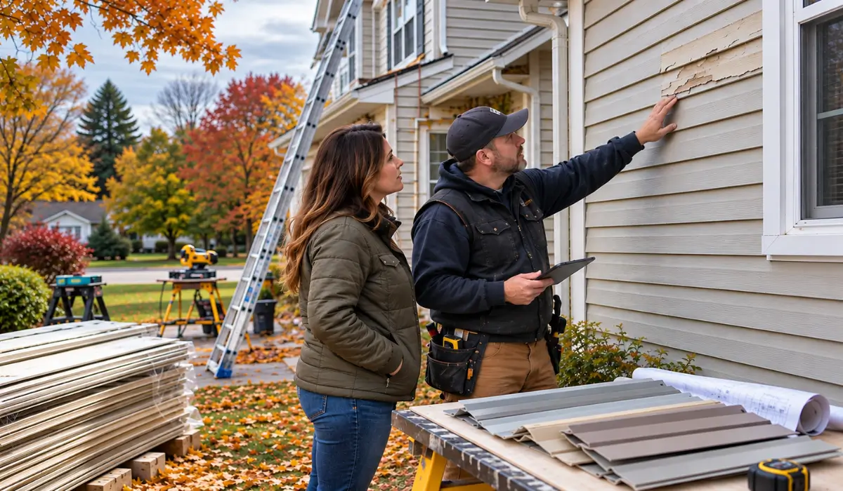 Fall siding installation assessment with a contractor and homeowner inspecting damaged siding and reviewing material options at an Illinois home.